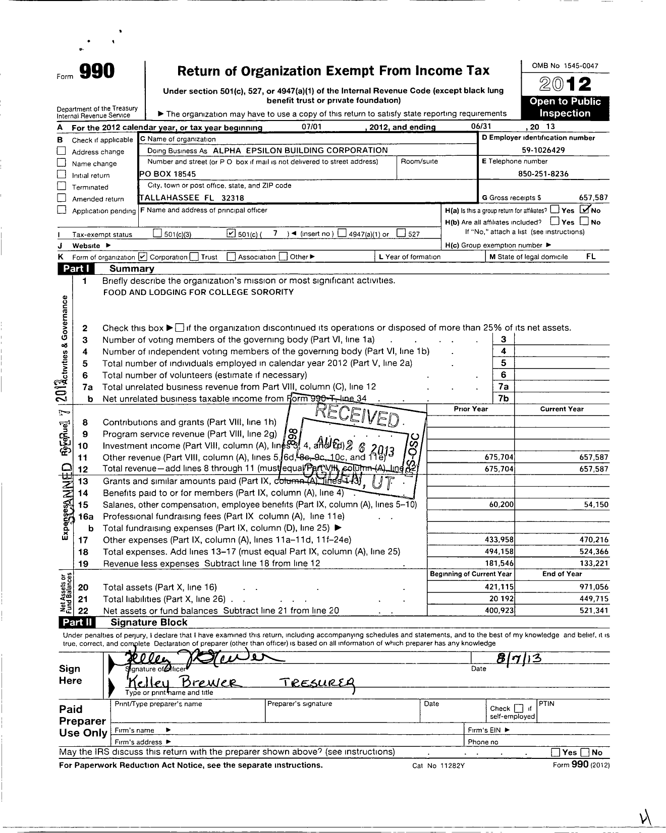 Image of first page of 2012 Form 990O for Alpha Epsilon Bldg Corporation