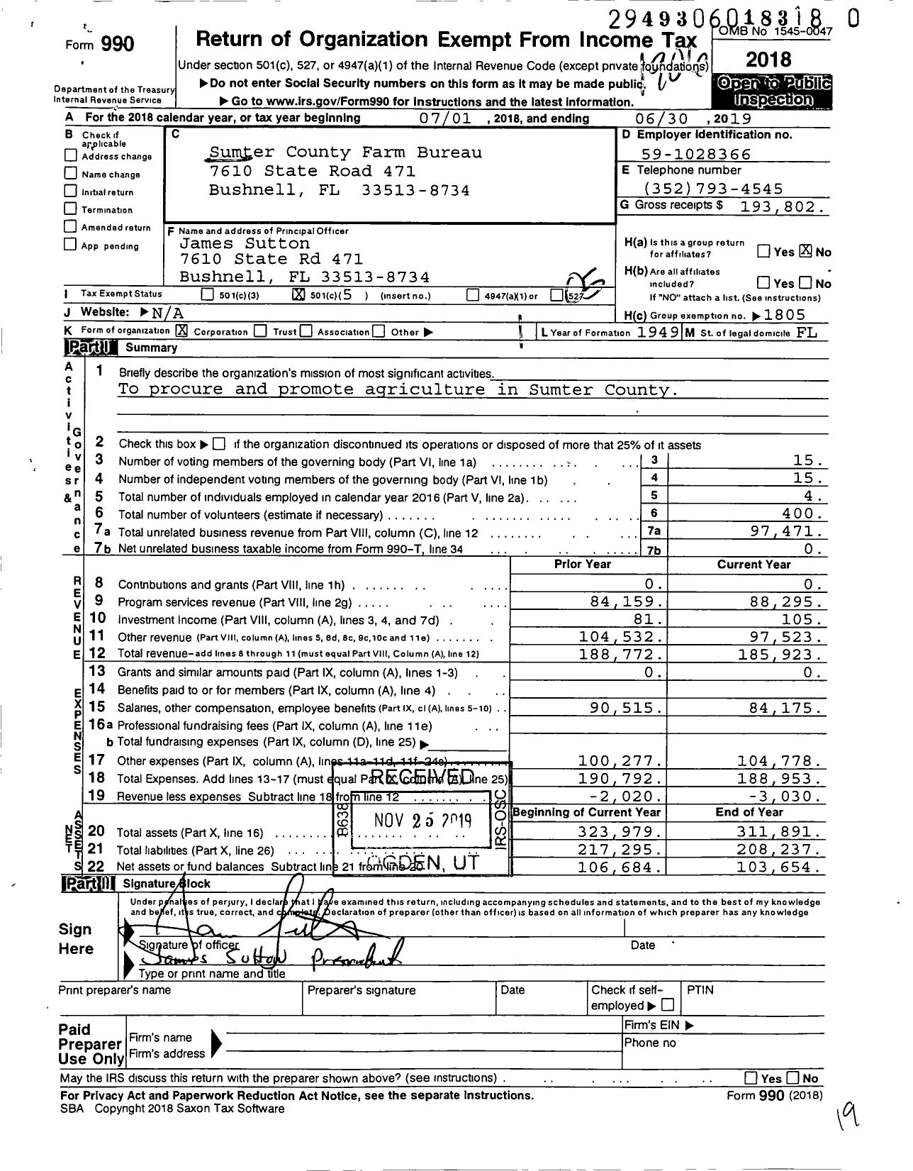 Image of first page of 2018 Form 990O for Sumter County Farm Bureau