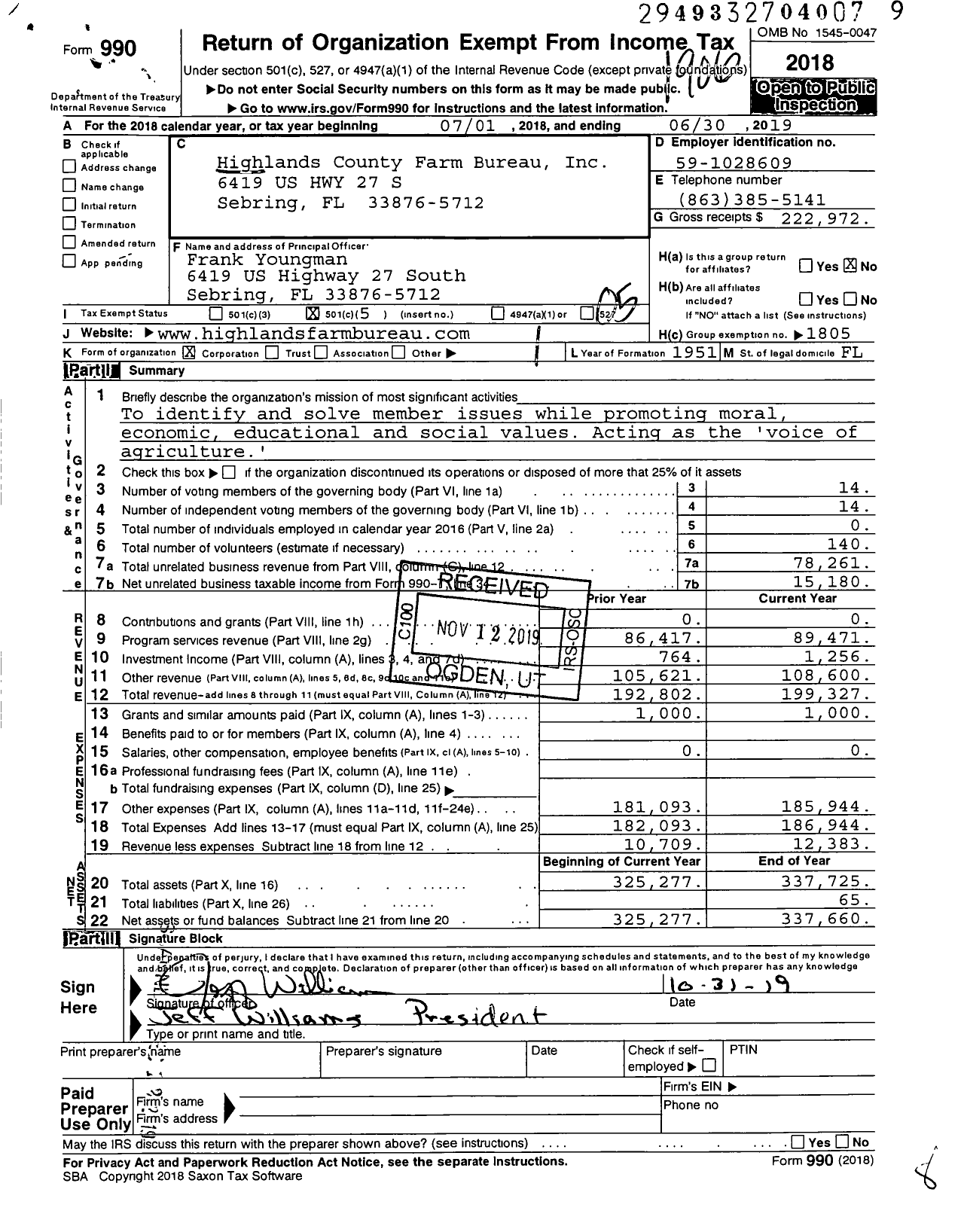 Image of first page of 2018 Form 990O for Highlands County Farm Bureau