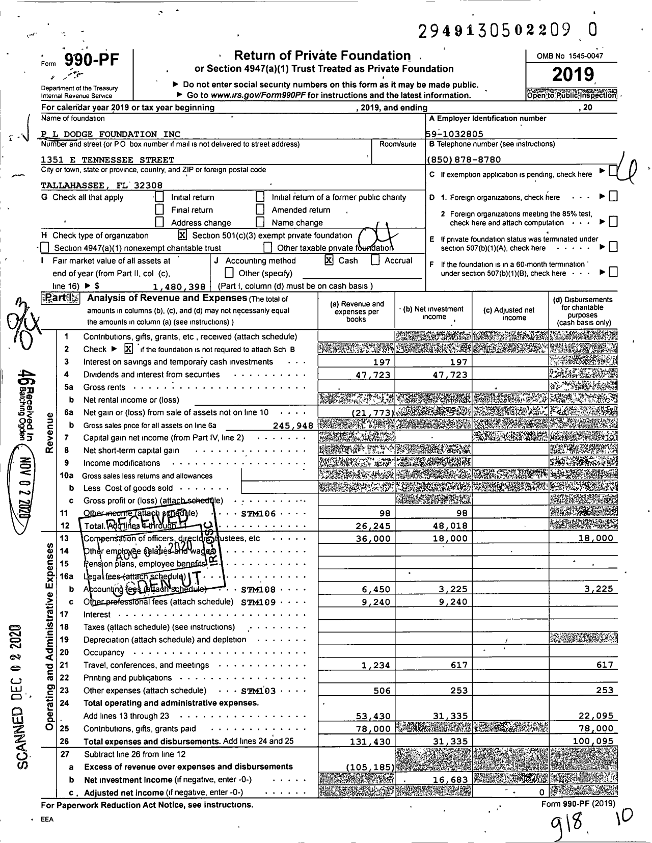 Image of first page of 2019 Form 990PF for P L Dodge Foundation