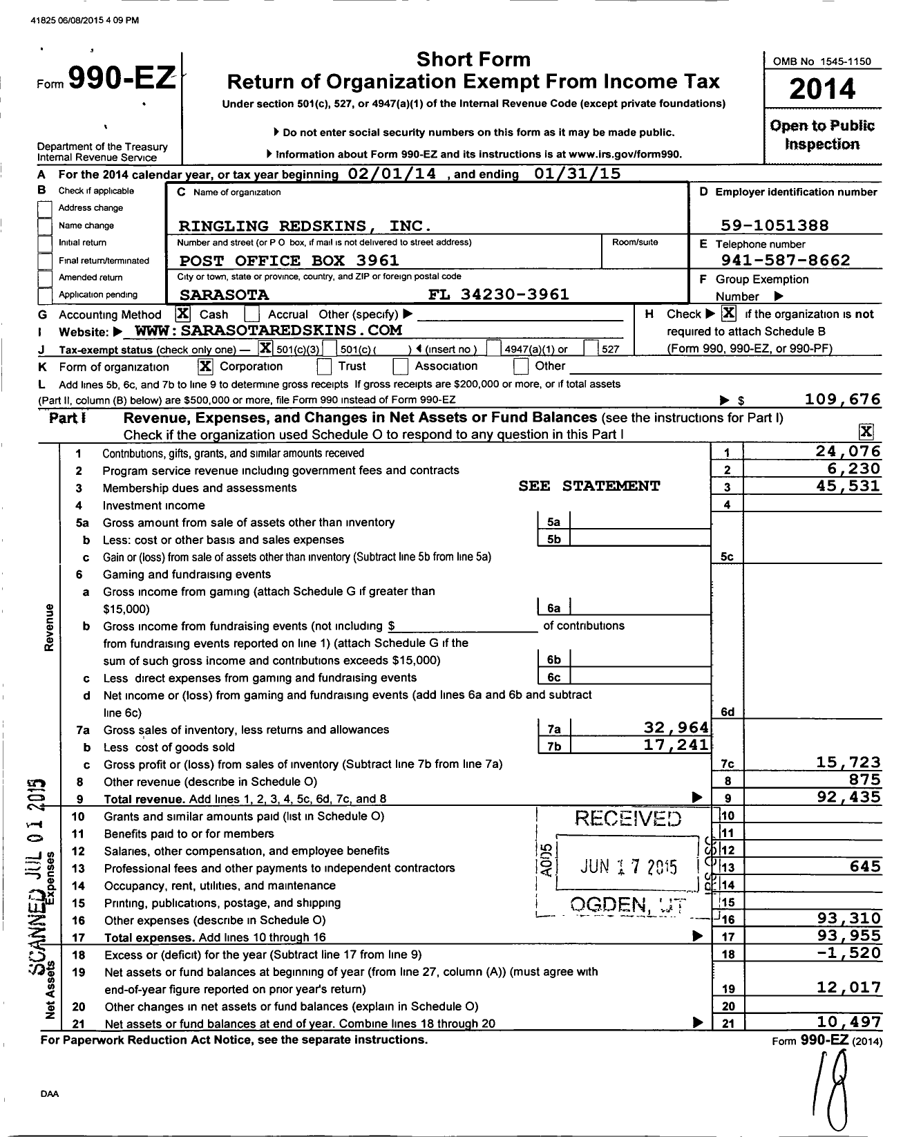 Image of first page of 2014 Form 990EZ for Ringling Redskins