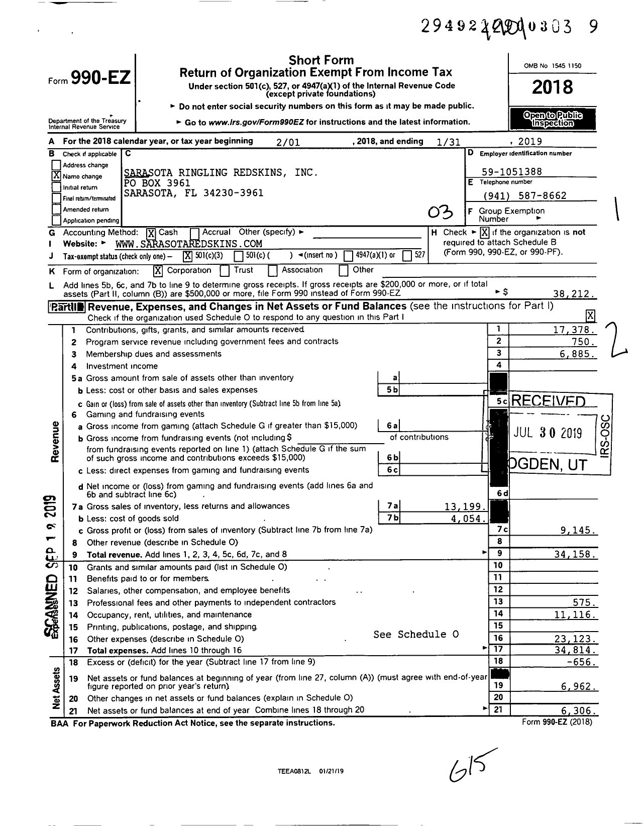 Image of first page of 2018 Form 990EZ for Ringling Redskins