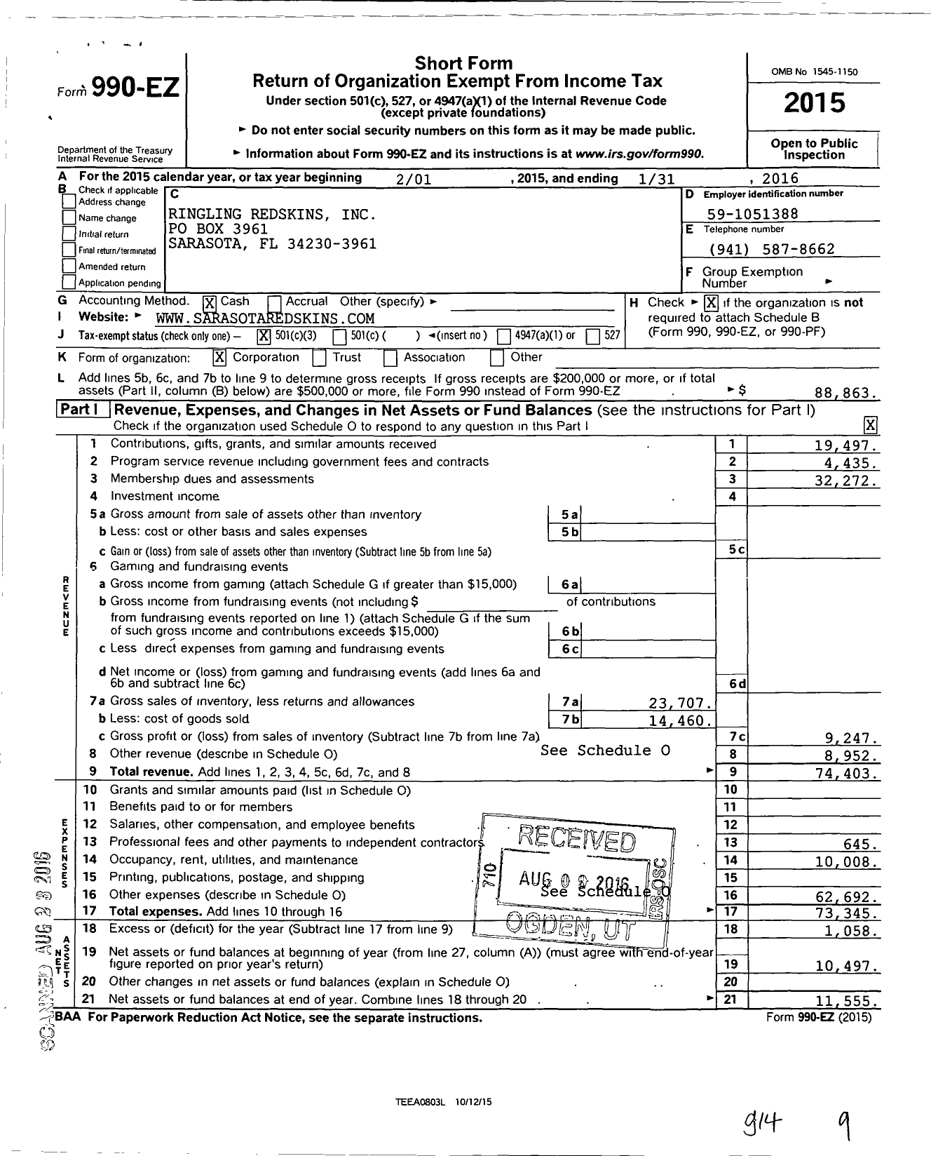 Image of first page of 2015 Form 990EZ for Ringling Redskins