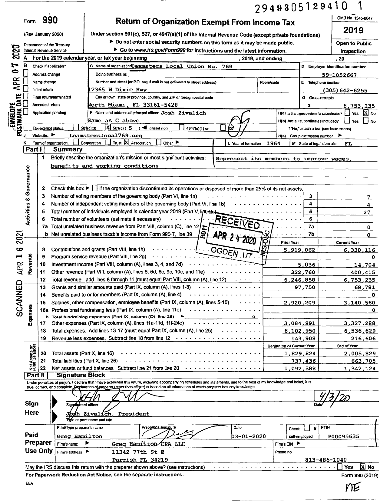 Image of first page of 2019 Form 990O for Teamsters - 769 TCWH