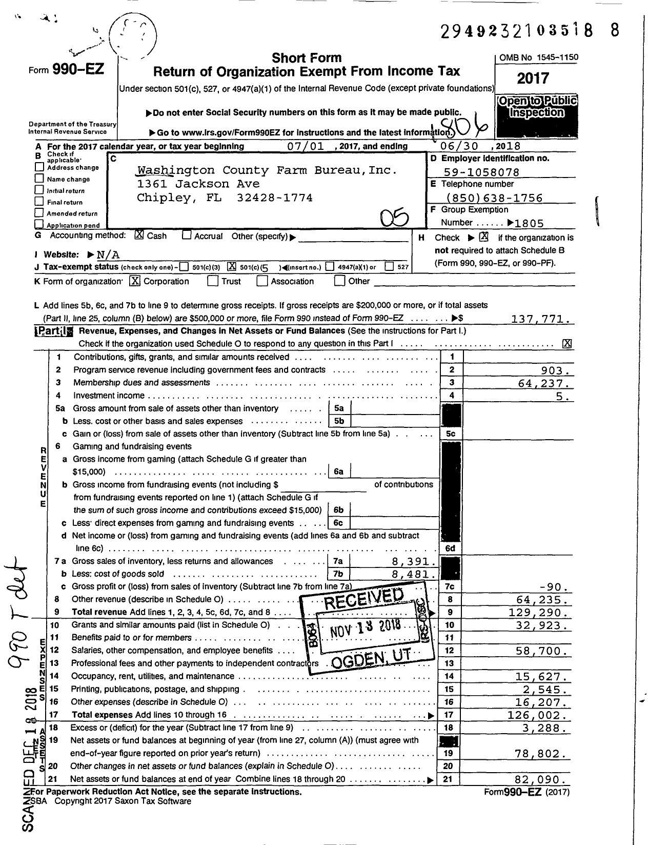 Image of first page of 2017 Form 990EO for Washington County Farm Bureau