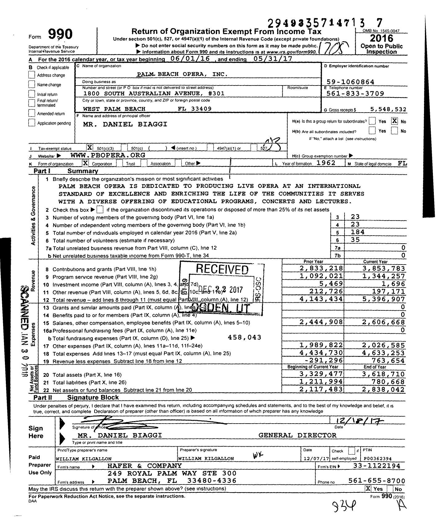 Image of first page of 2016 Form 990 for Palm Beach Opera