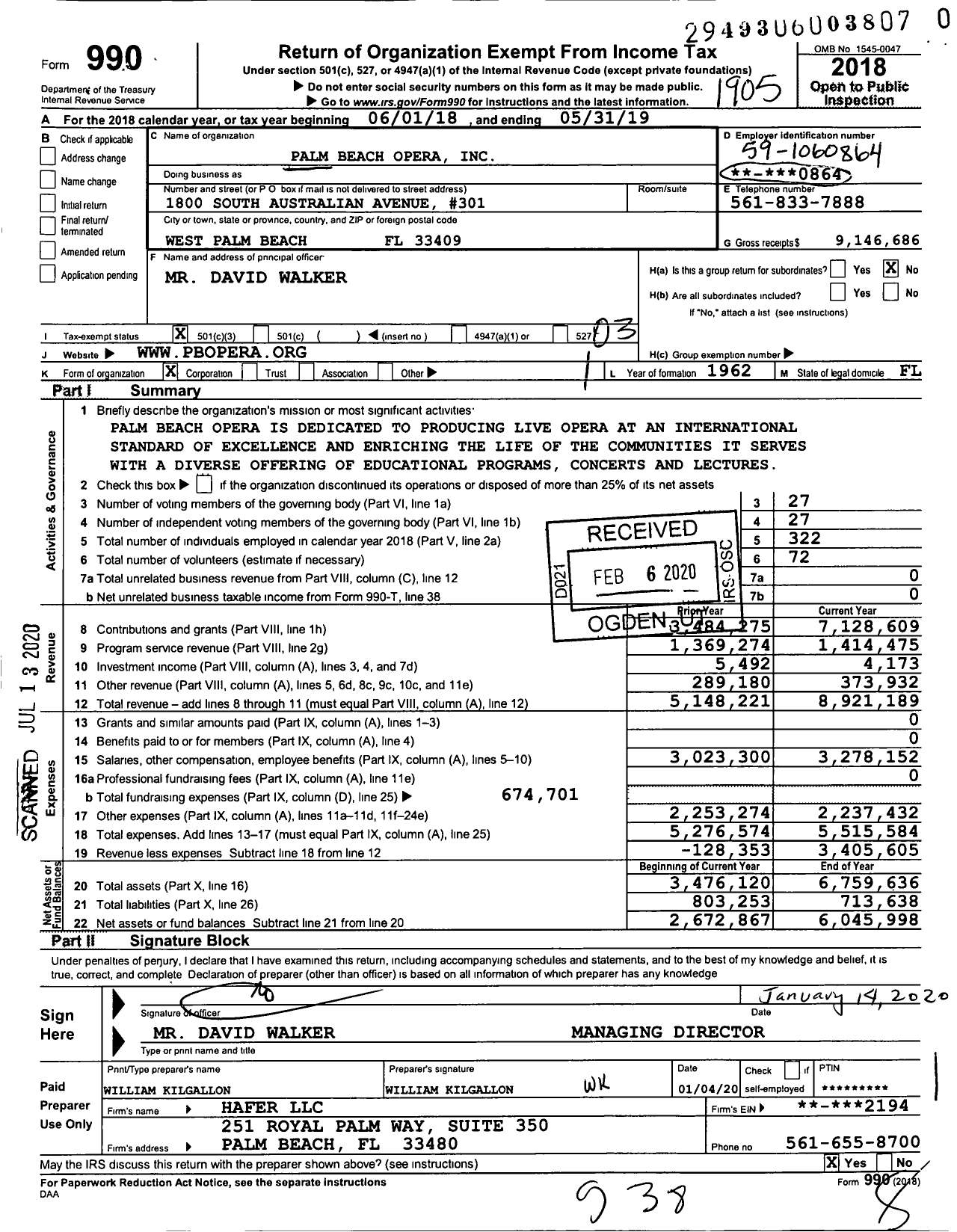Image of first page of 2018 Form 990 for Palm Beach Opera