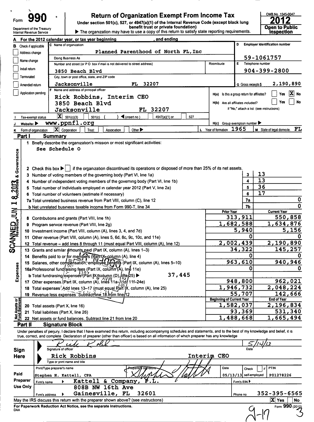Image of first page of 2012 Form 990 for Planned Parenthood of North Florida