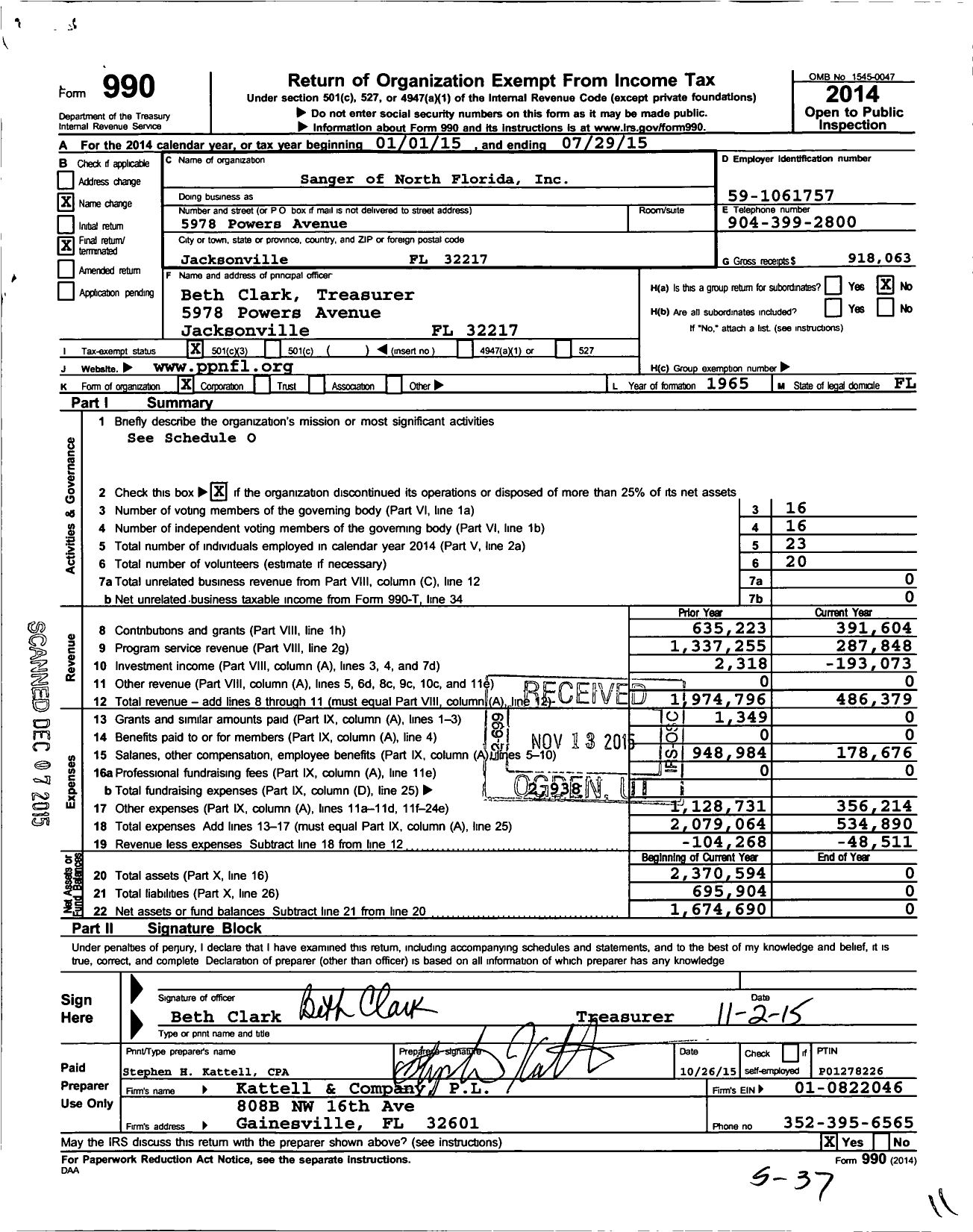 Image of first page of 2014 Form 990 for Planned Parenthood of North Florida