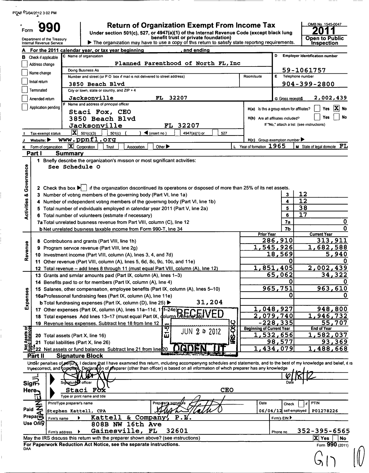 Image of first page of 2011 Form 990 for Planned Parenthood of North Florida