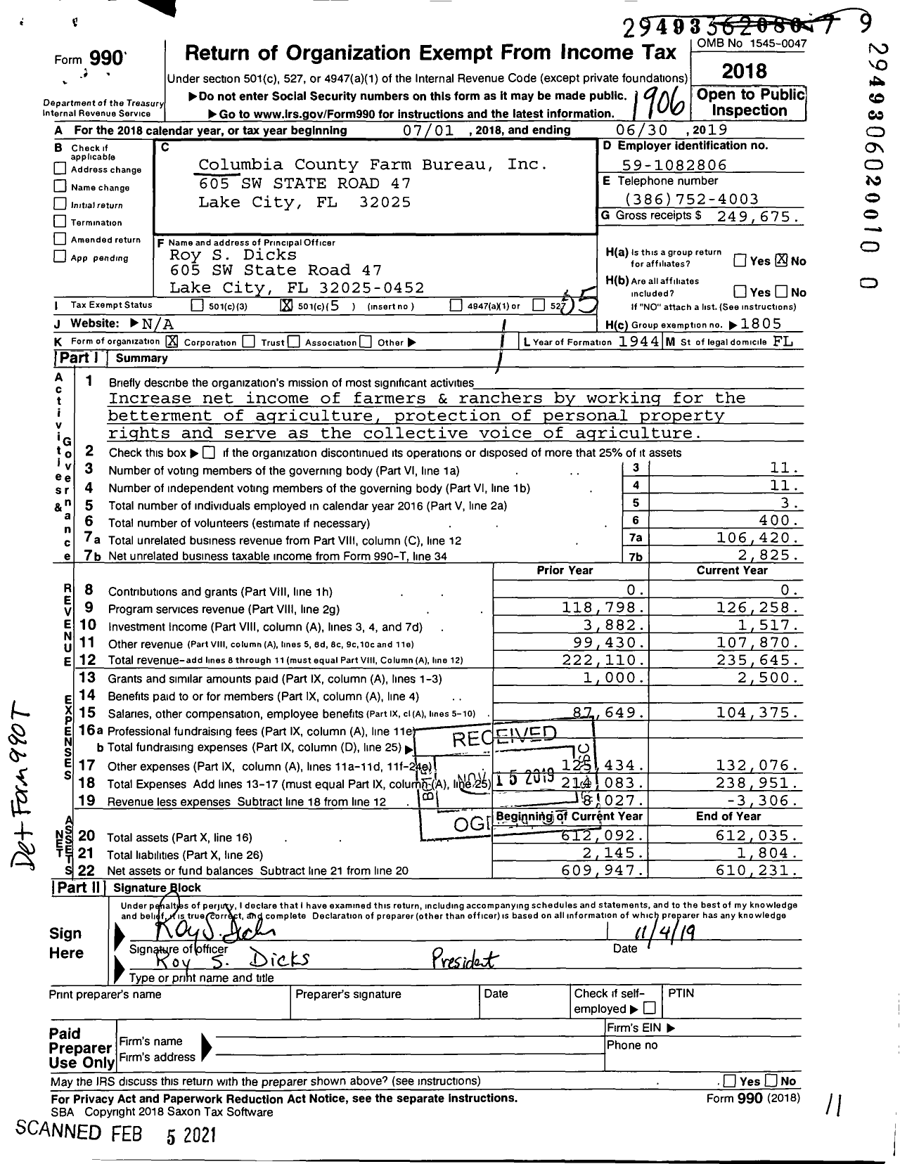 Image of first page of 2018 Form 990O for Columbia County Farm Bureau