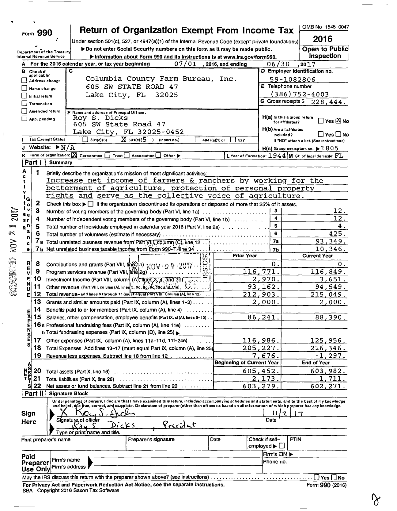 Image of first page of 2016 Form 990O for Columbia County Farm Bureau