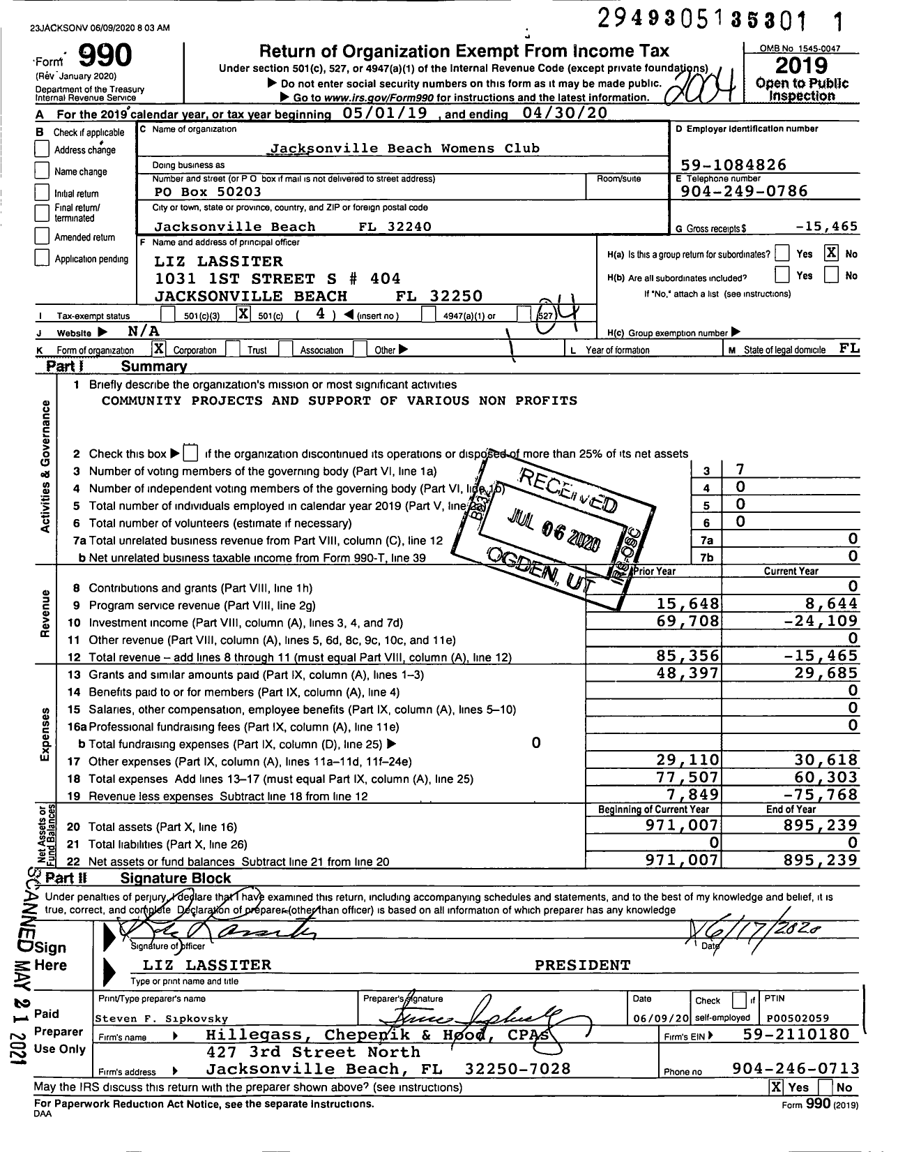 Image of first page of 2019 Form 990O for Jacksonville Beach Womens Club