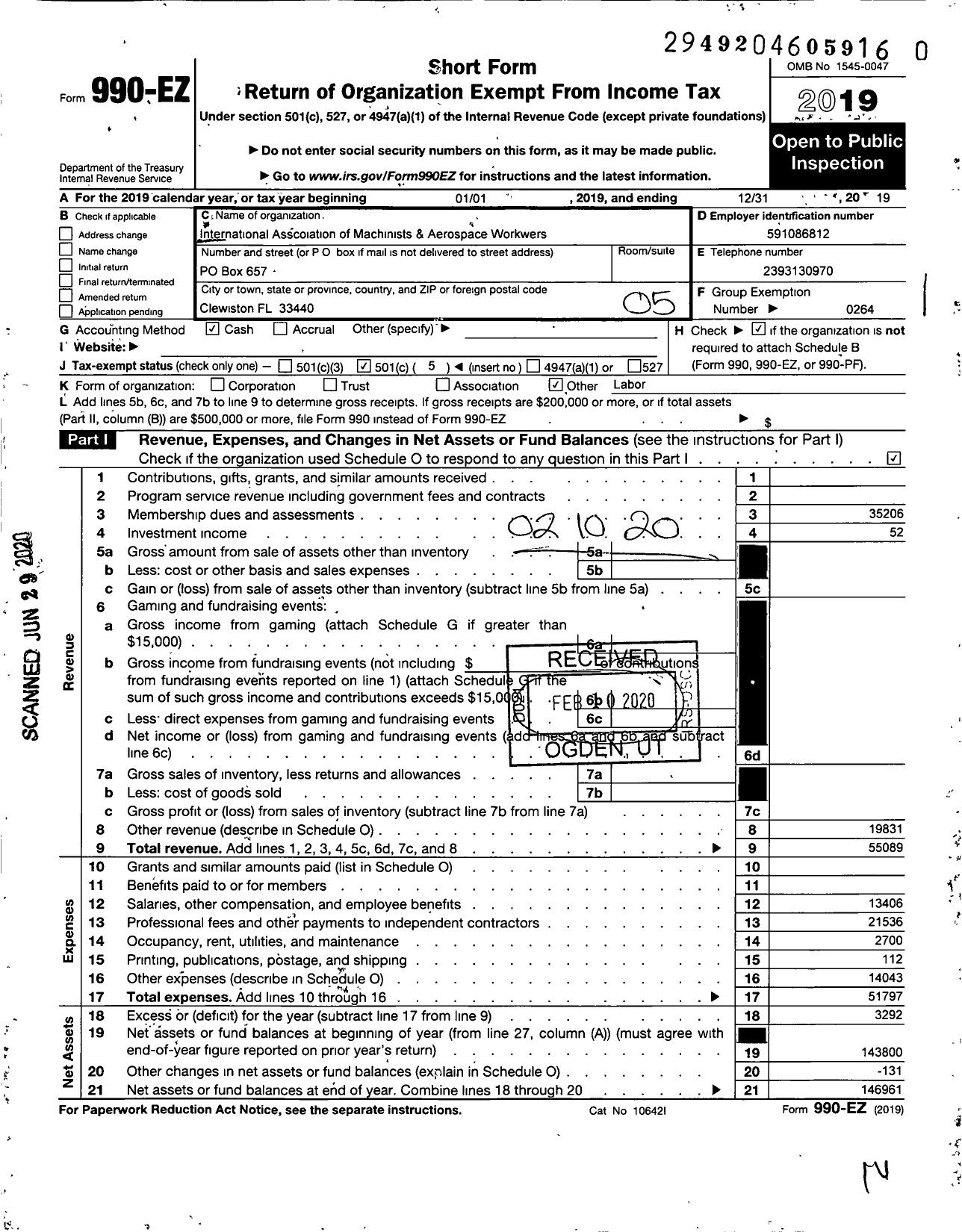 Image of first page of 2019 Form 990EO for International Association of Machinists and Aerospace Workers - Local Lodge 57