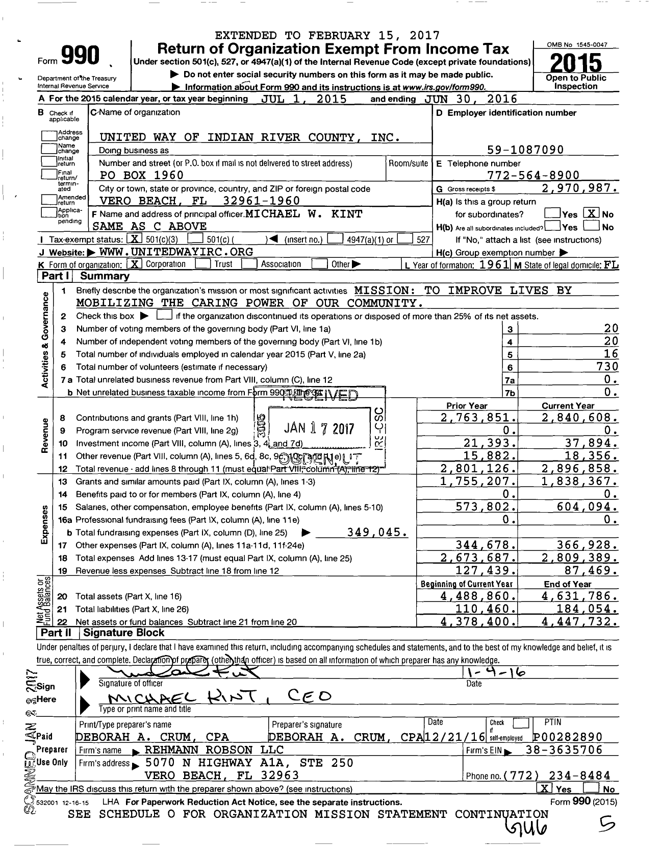 Image of first page of 2015 Form 990 for United Way of Indian River County