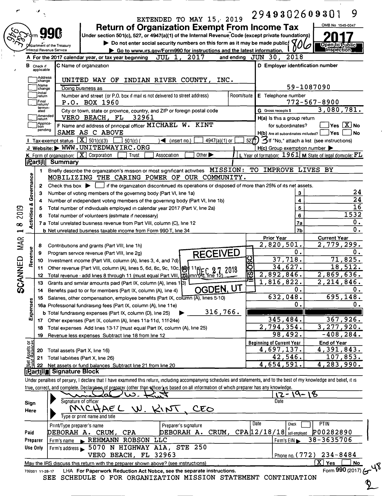 Image of first page of 2017 Form 990 for United Way of Indian River County
