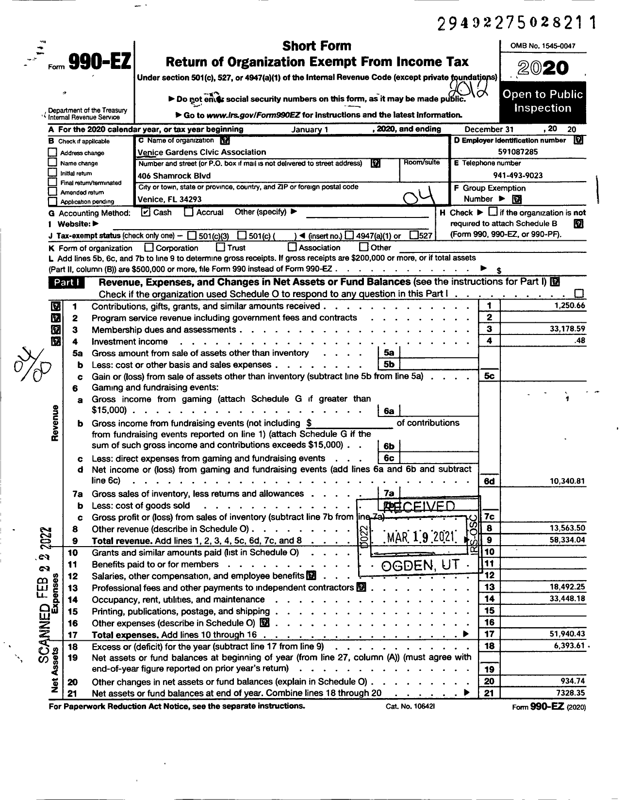 Image of first page of 2020 Form 990EO for Venice Gardens Civic Association