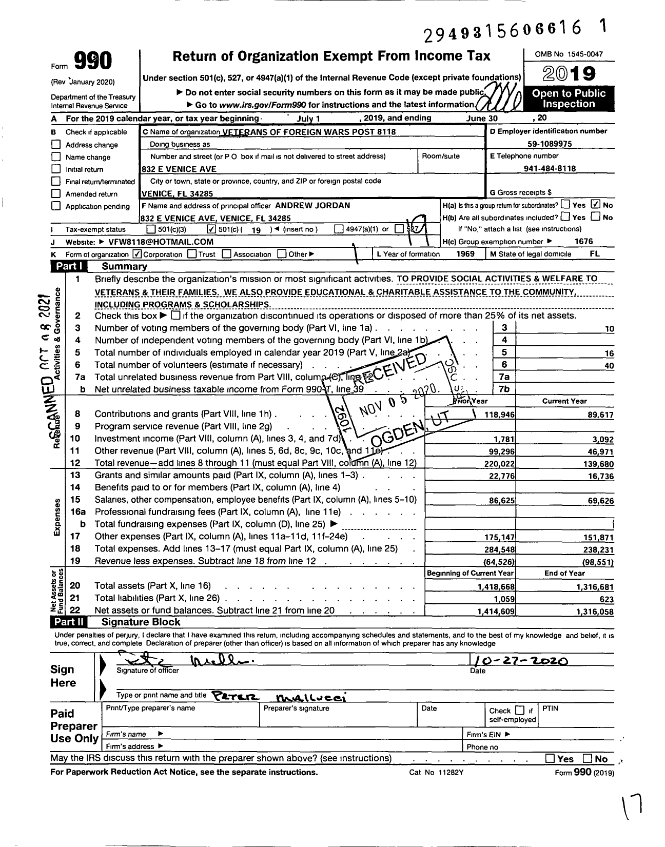 Image of first page of 2019 Form 990O for VFW Department of Florida - Veterans of Foreign Wars Post 8118