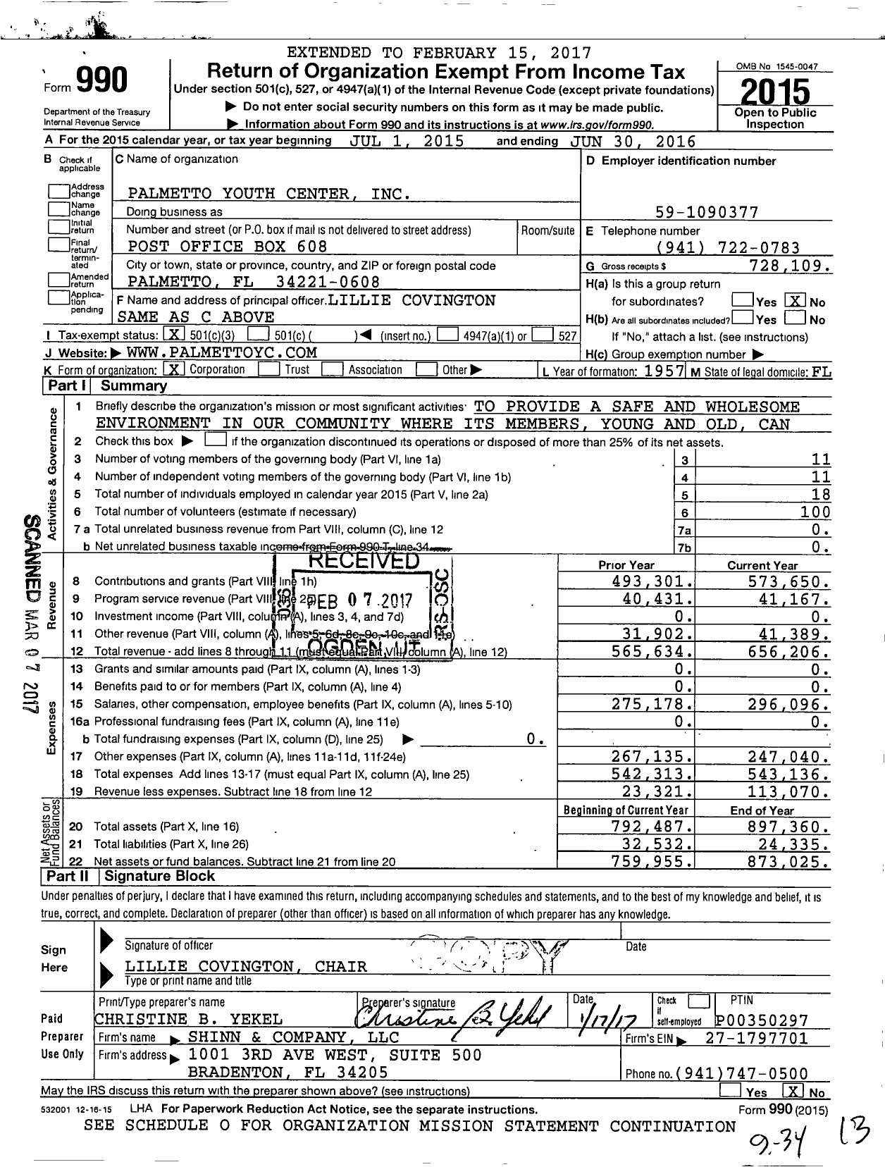 Image of first page of 2015 Form 990 for Palmetto Youth Center