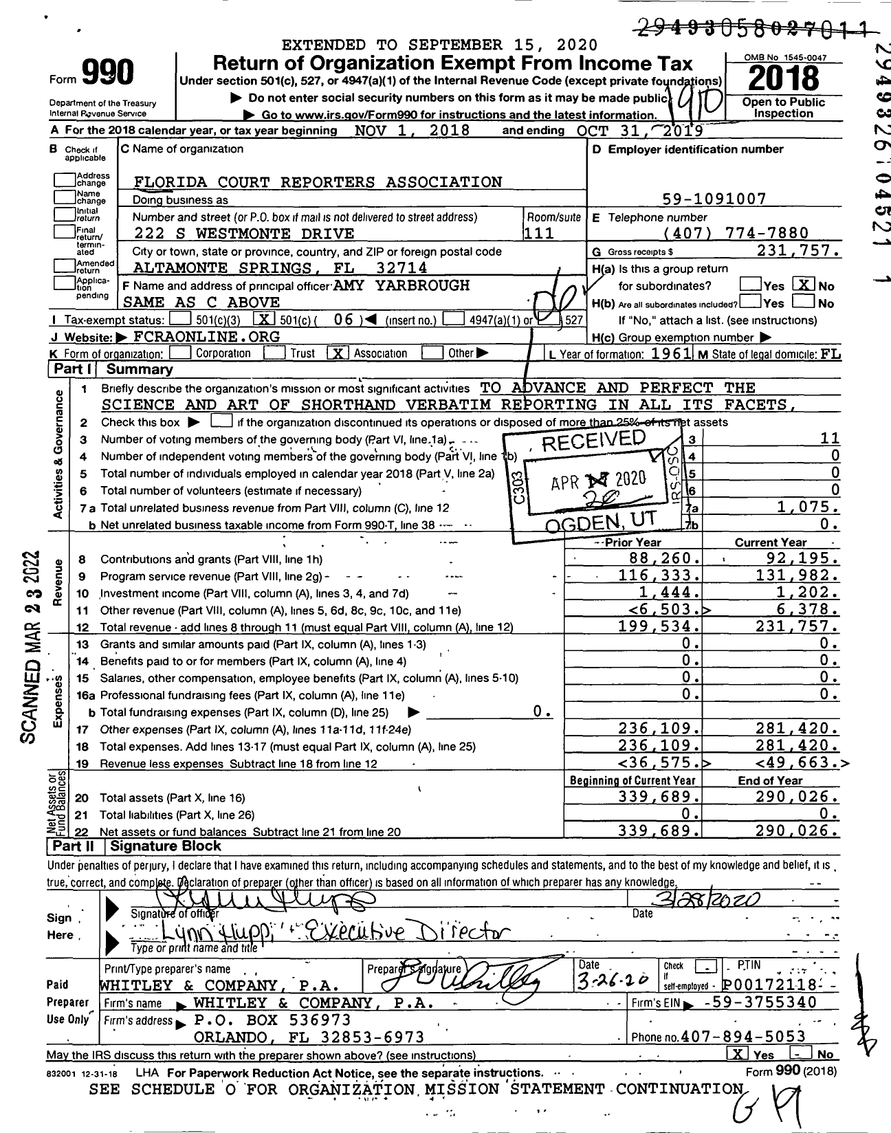 Image of first page of 2018 Form 990O for Florida Court Reporters Association