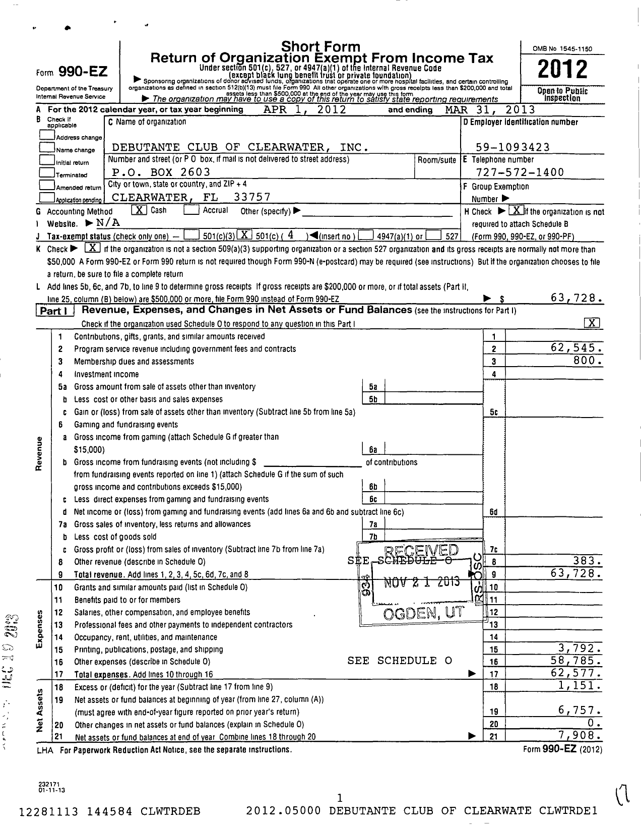 Image of first page of 2012 Form 990EO for Debutante Club of Clearwater