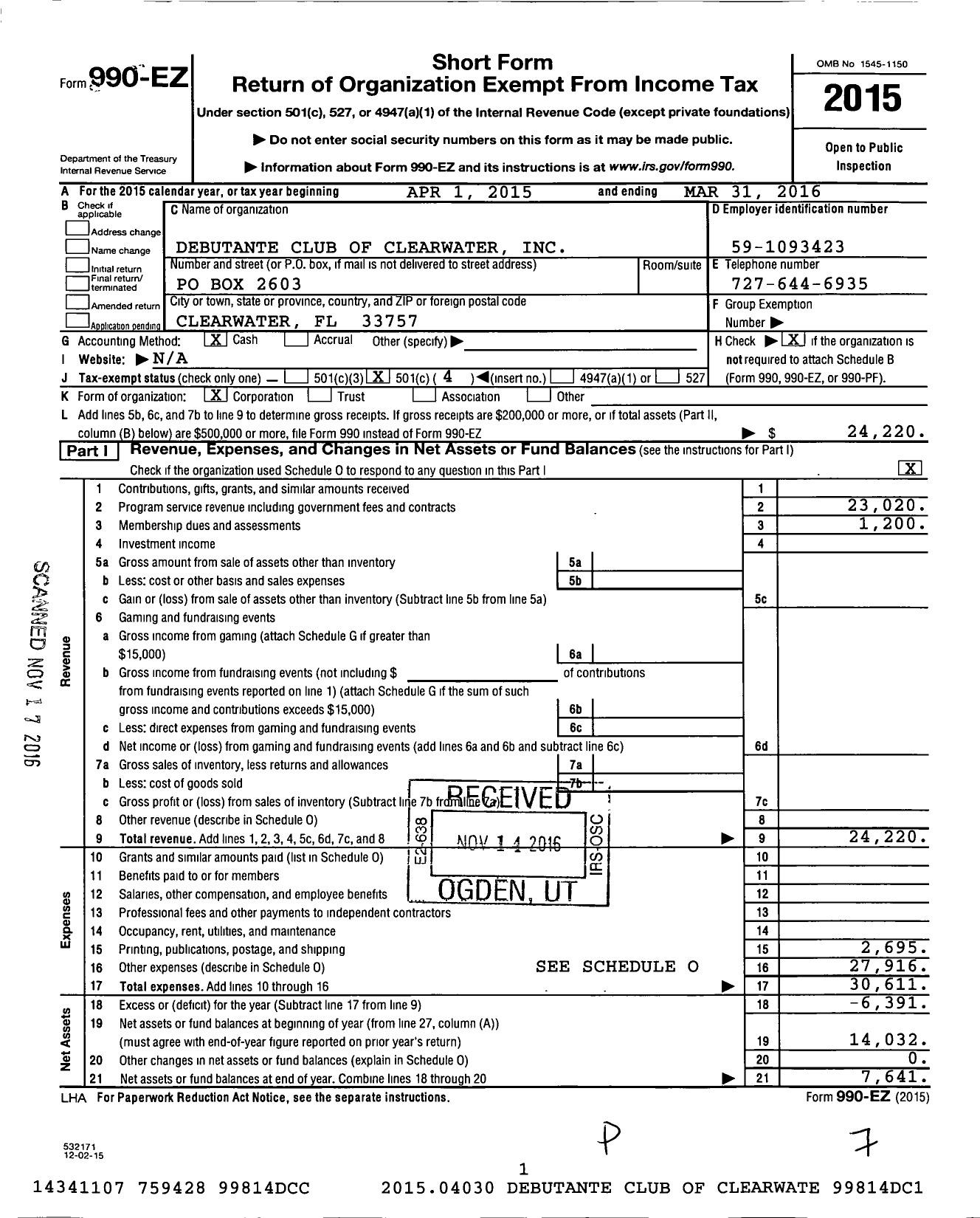 Image of first page of 2015 Form 990EO for Debutante Club of Clearwater