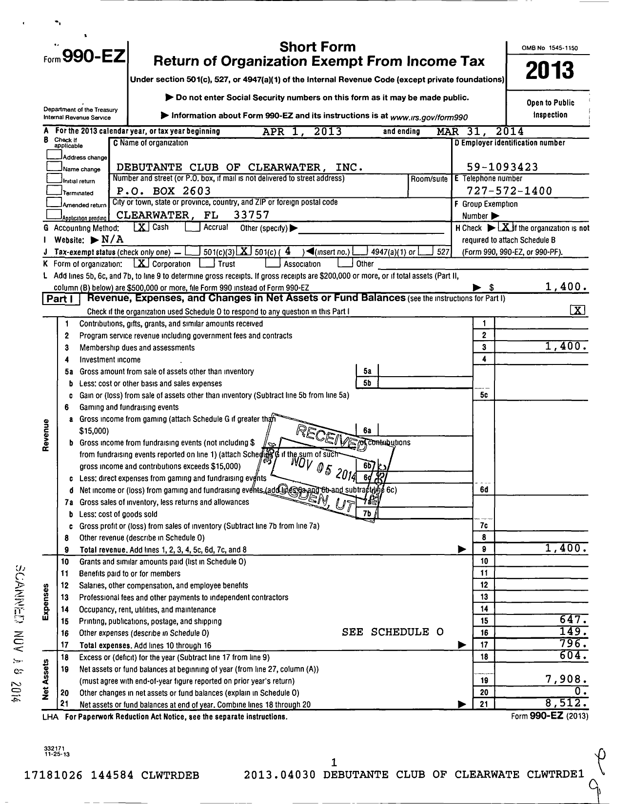 Image of first page of 2013 Form 990EO for Debutante Club of Clearwater