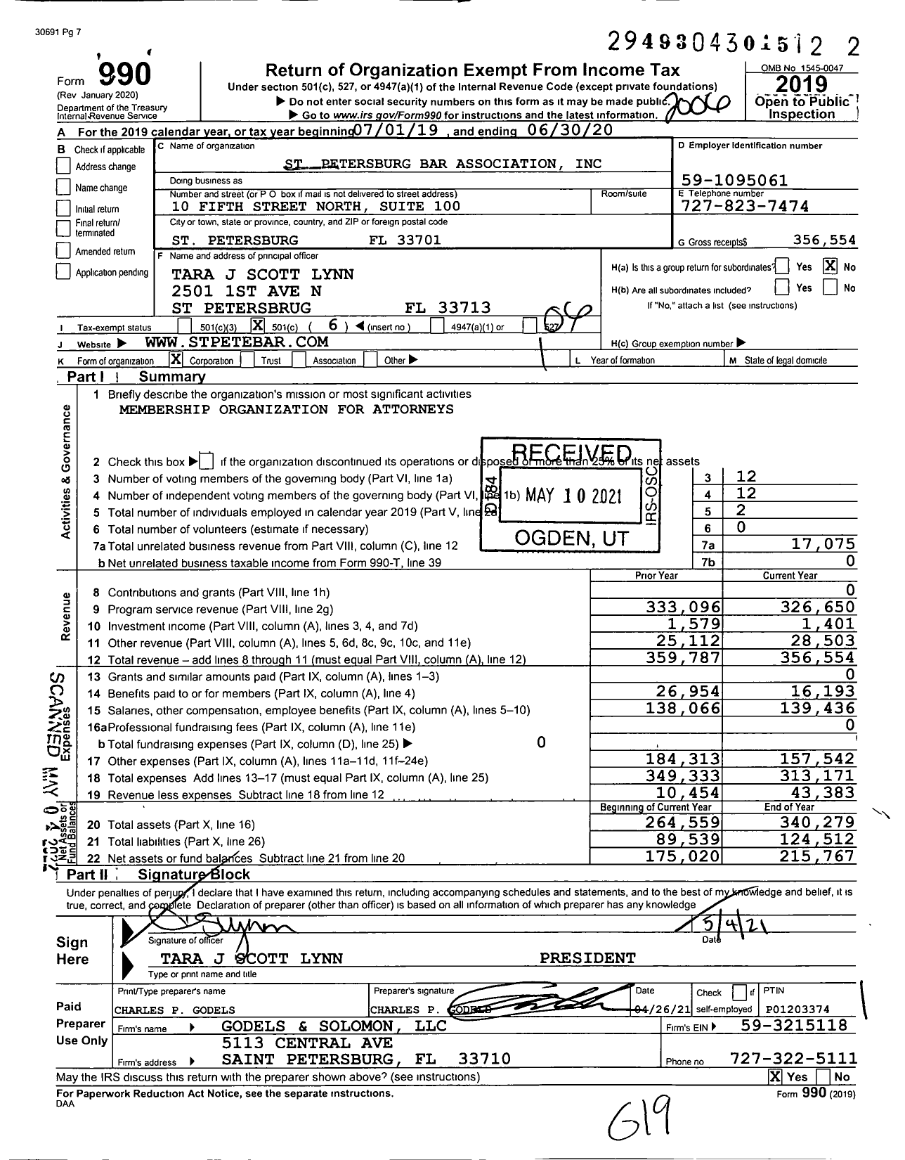 Image of first page of 2019 Form 990O for St Petersburg Bar Association