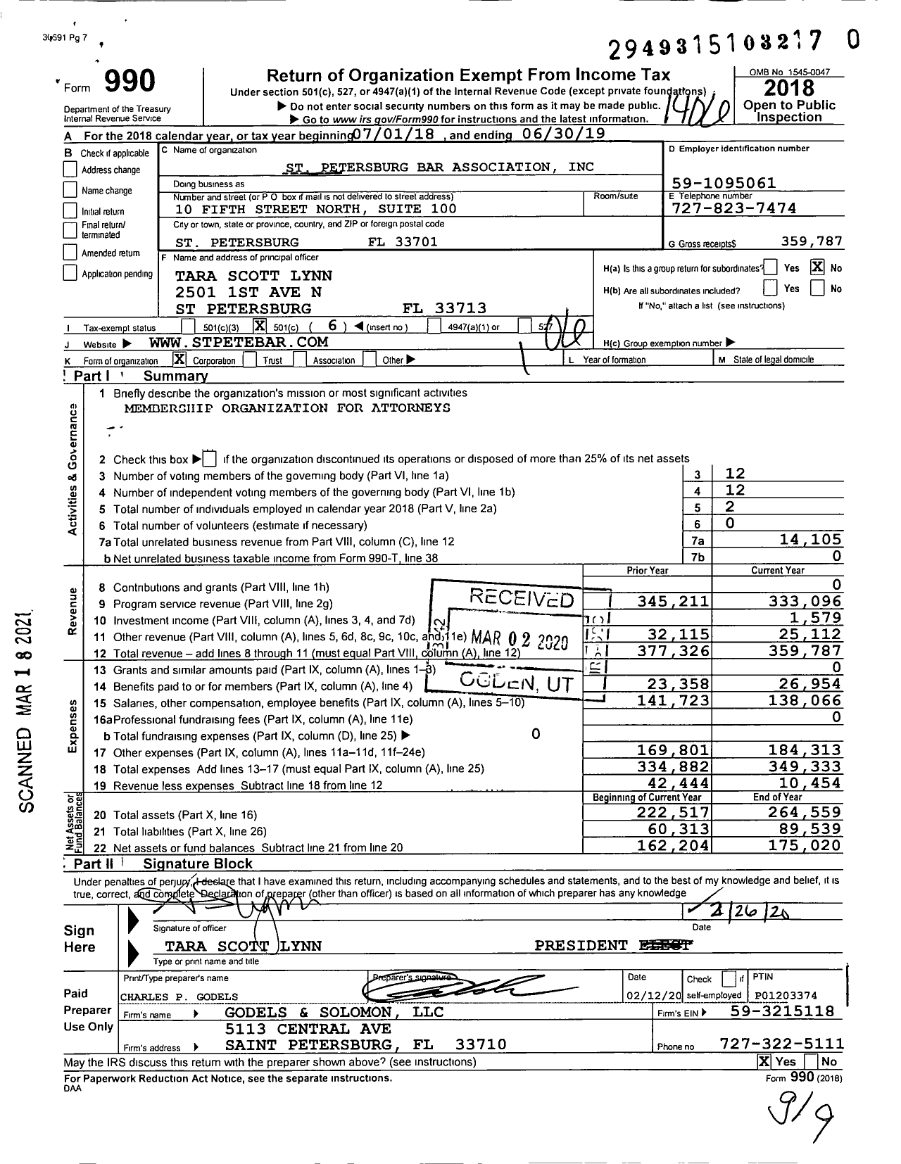 Image of first page of 2018 Form 990O for St Petersburg Bar Association