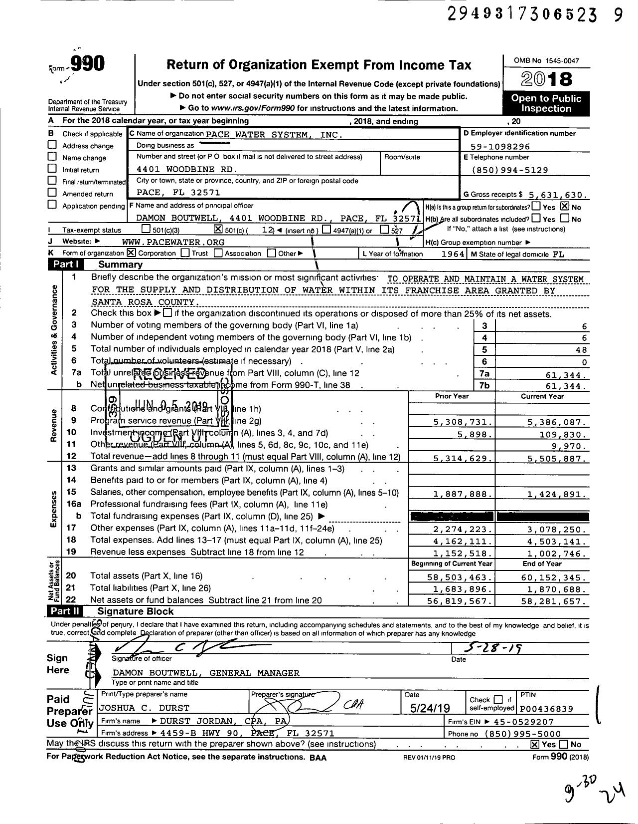 Image of first page of 2018 Form 990O for Pace Water System