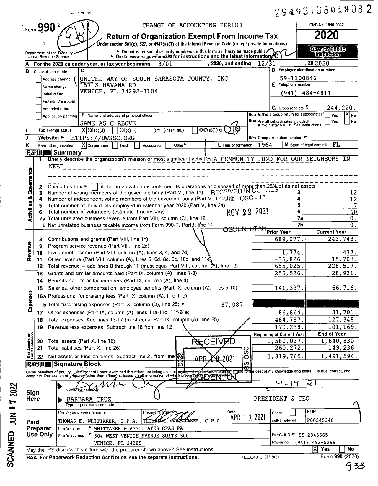 Image of first page of 2020 Form 990 for United Way of South Sarasota County
