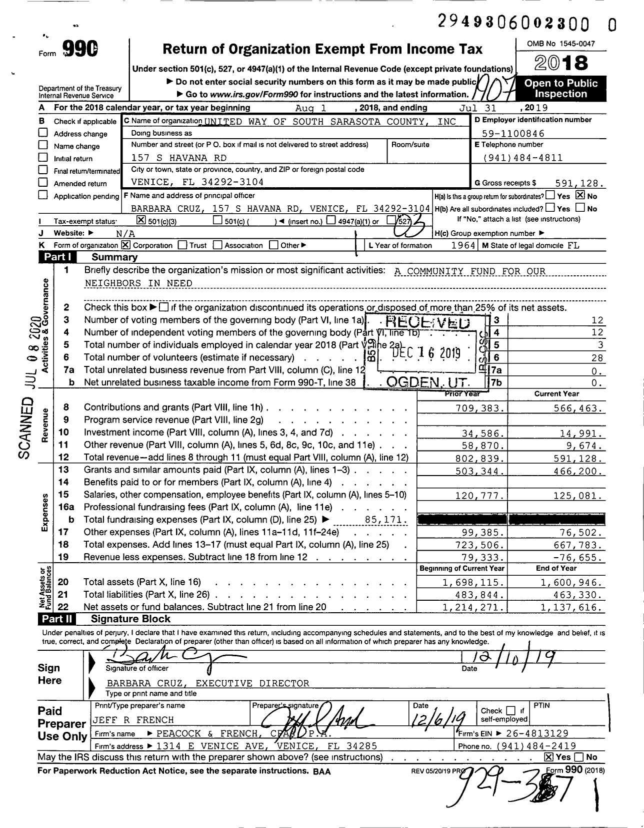 Image of first page of 2018 Form 990 for United Way of South Sarasota County
