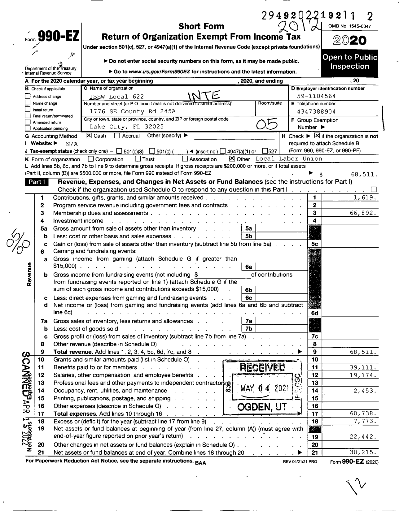 Image of first page of 2020 Form 990EO for International Brotherhood of Electrical Workers - 622 Local Union