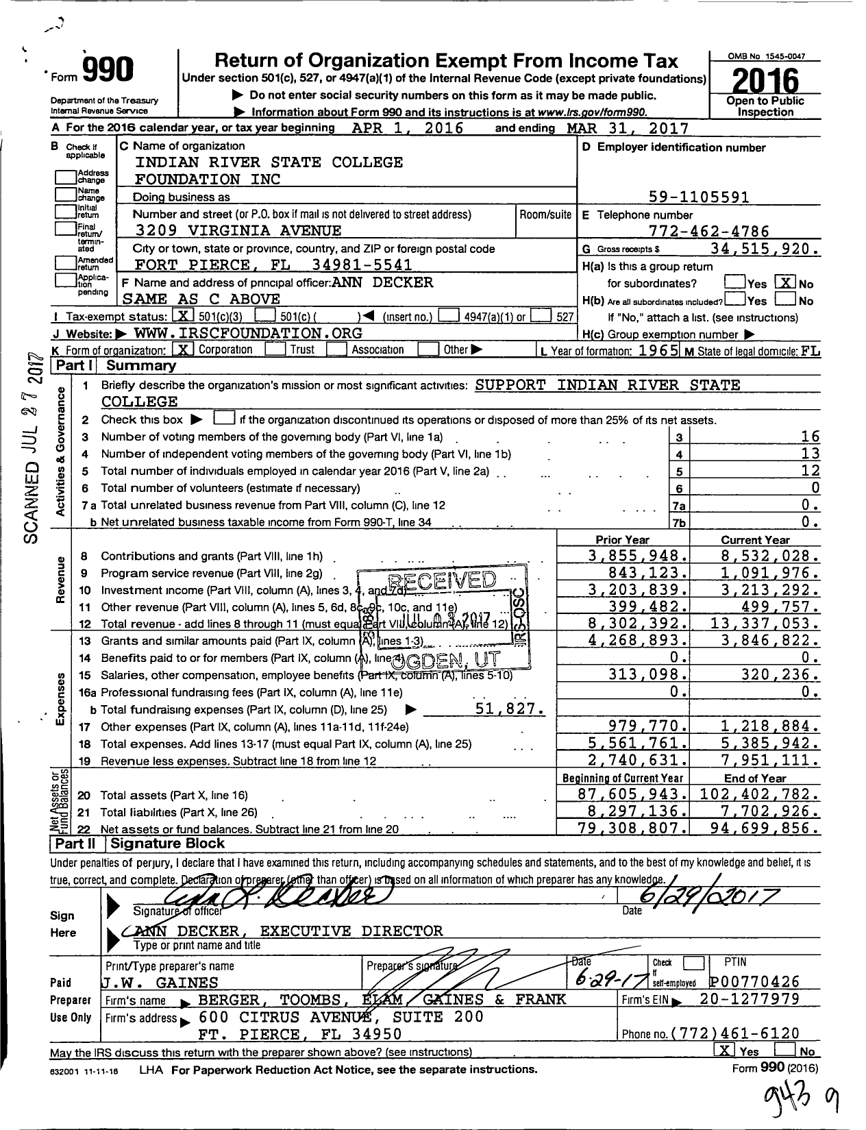 Image of first page of 2016 Form 990 for Indian River State College Foundation (IRSC)