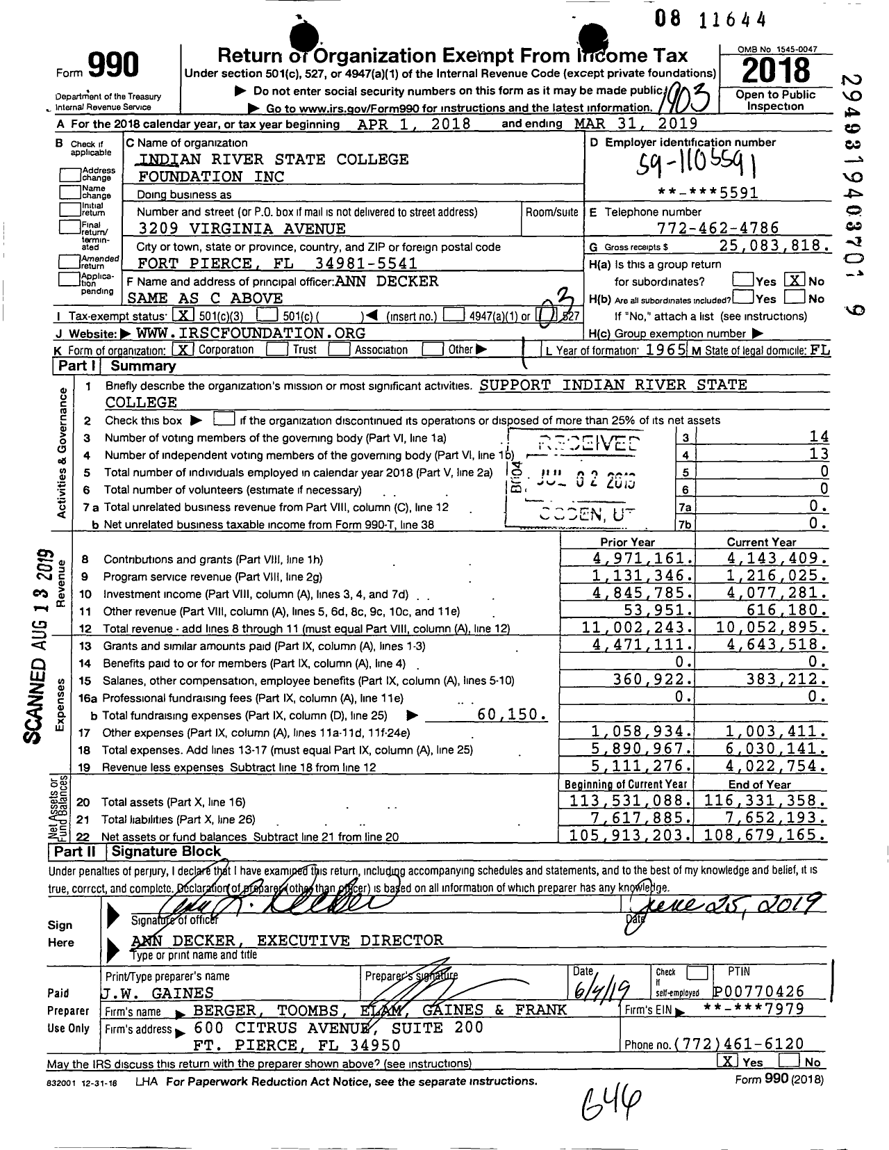 Image of first page of 2018 Form 990 for Indian River State College Foundation (IRSC)