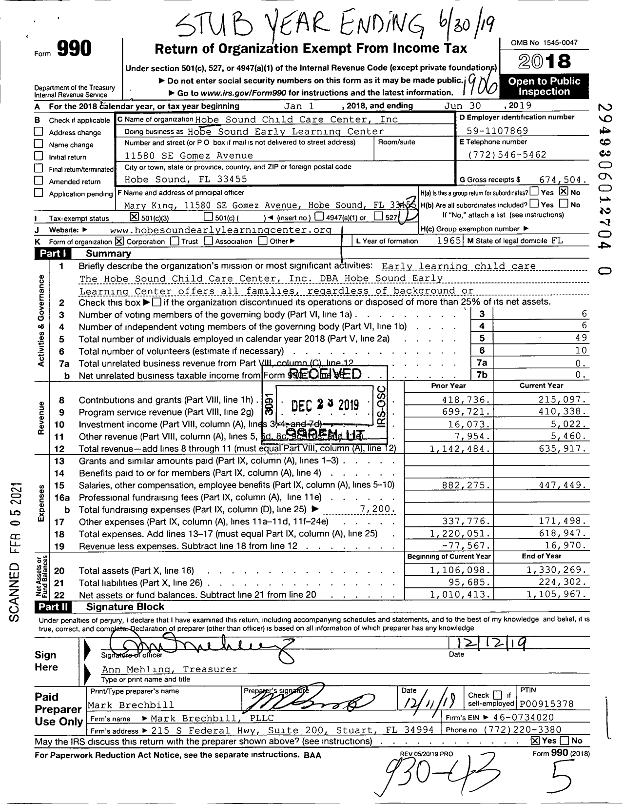 Image of first page of 2018 Form 990 for Hobe Sound Early Learning Center