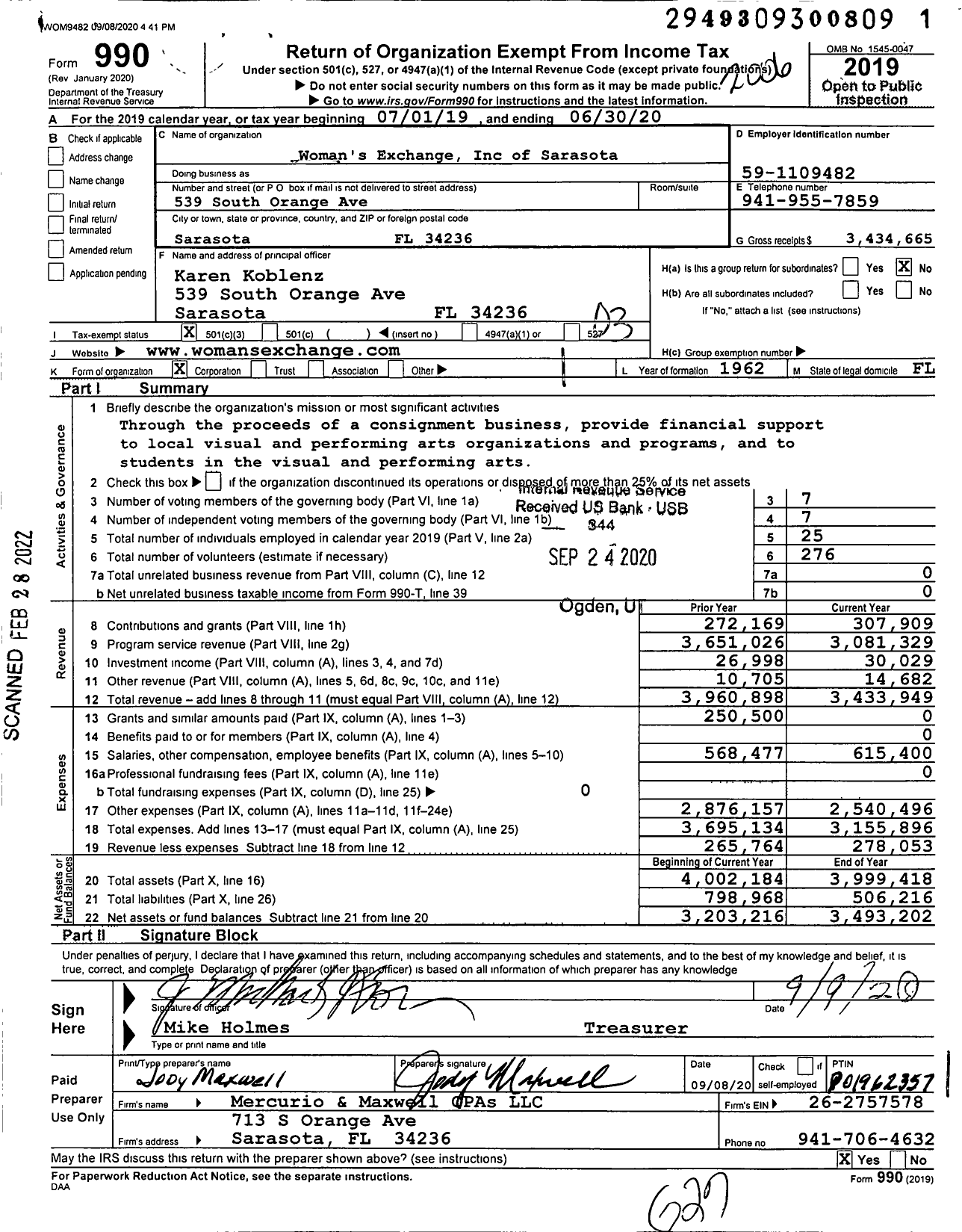 Image of first page of 2019 Form 990 for The Exchange / Woman's Exchange Inc of Sarasota