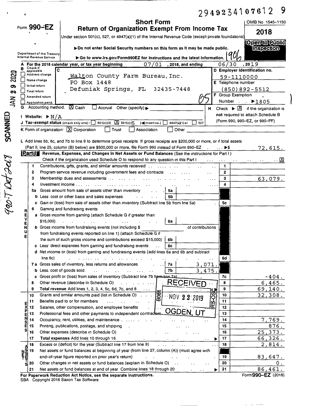 Image of first page of 2018 Form 990EO for Walton County Farm Bureau