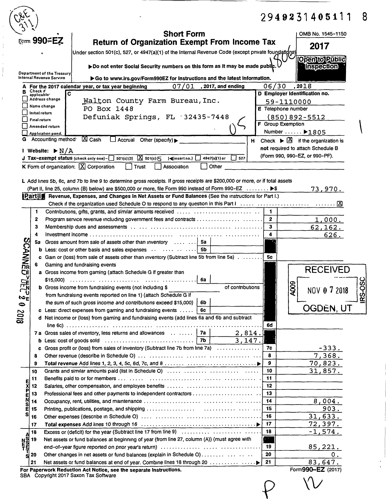 Image of first page of 2017 Form 990EO for Walton County Farm Bureau