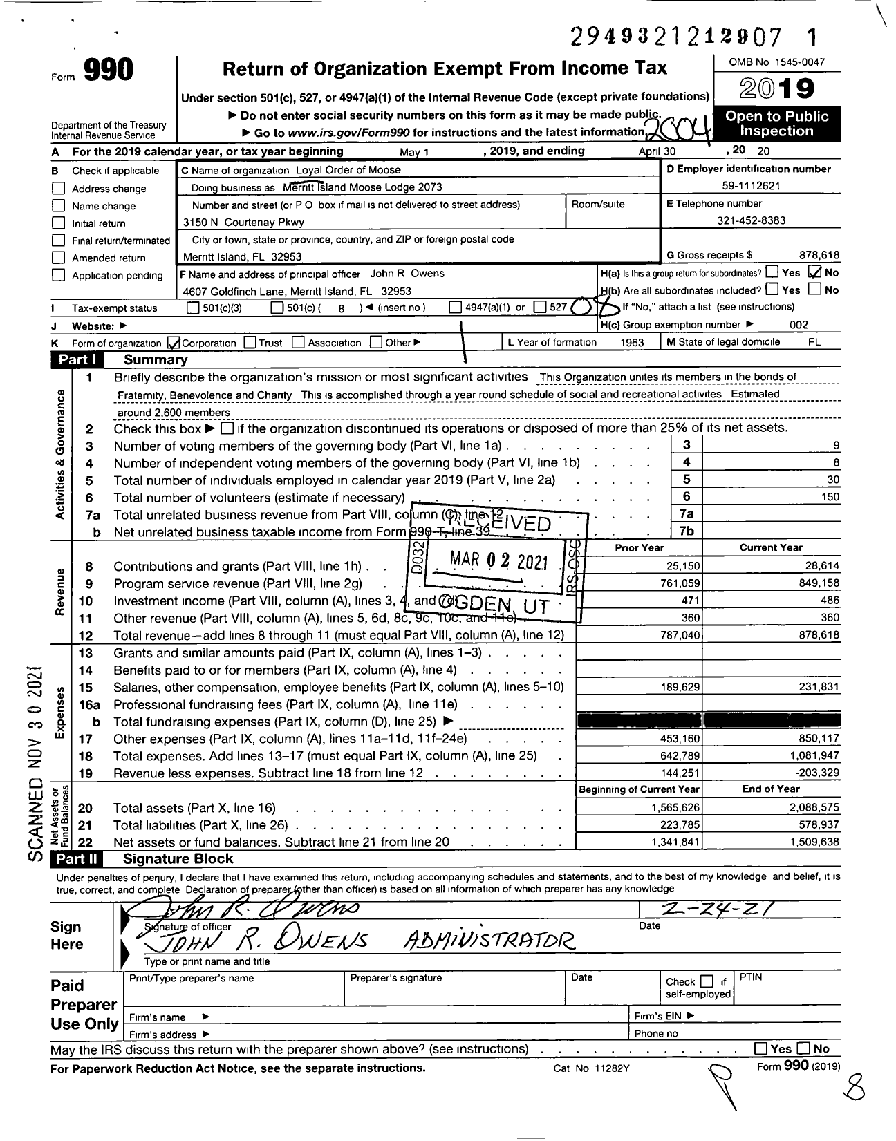 Image of first page of 2019 Form 990O for Loyal Order of Moose - Loyal Order of Moose