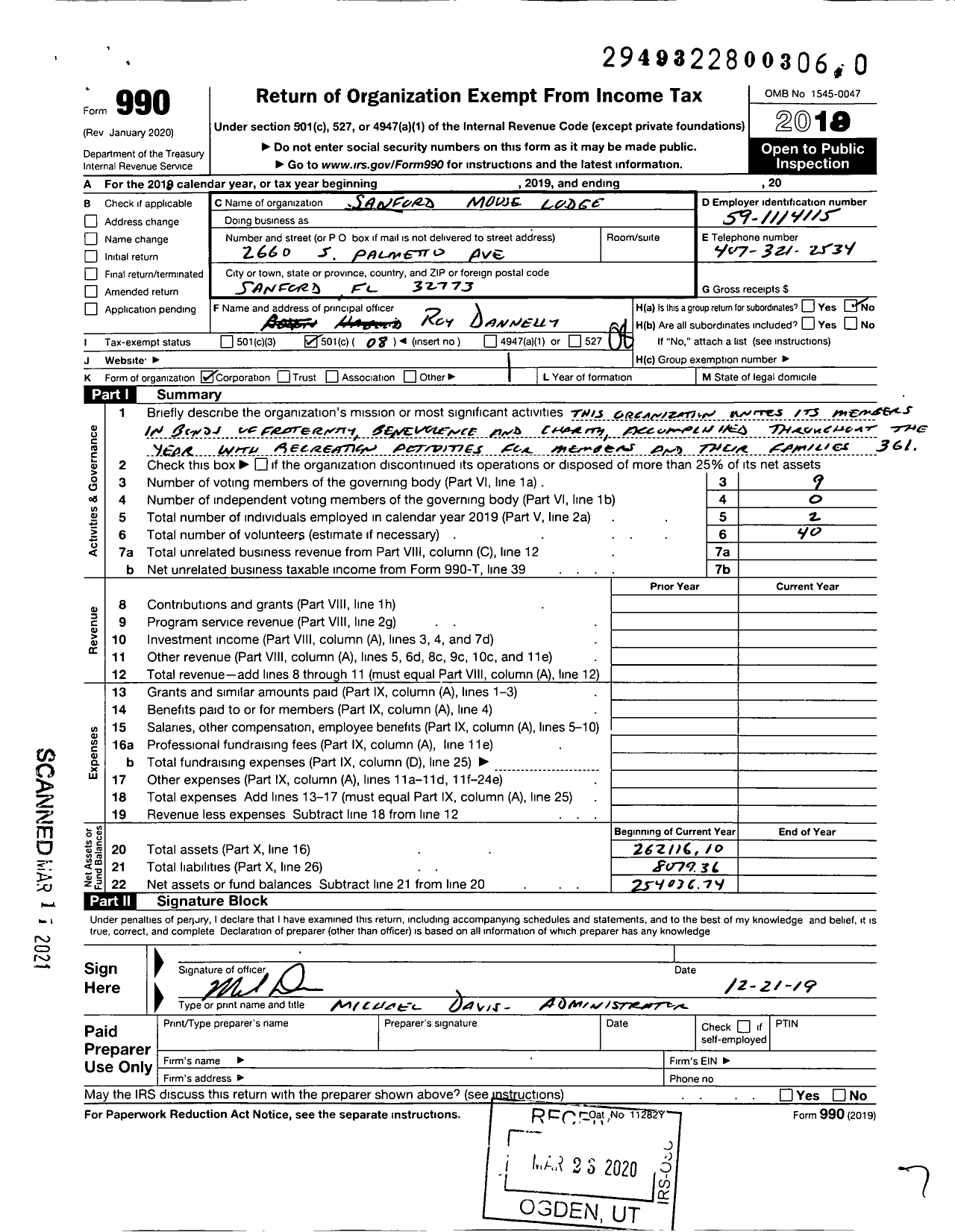 Image of first page of 2018 Form 990O for Loyal Order of Moose - Sanford Moose Lodge