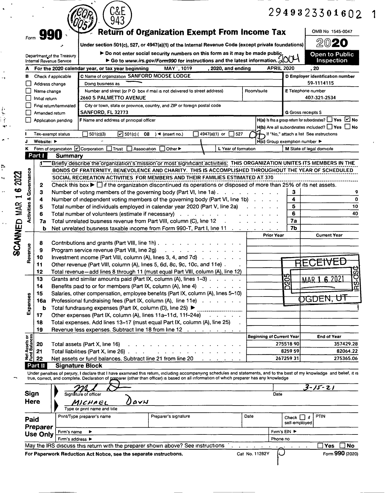 Image of first page of 2019 Form 990O for Loyal Order of Moose - Sanford Moose Lodge