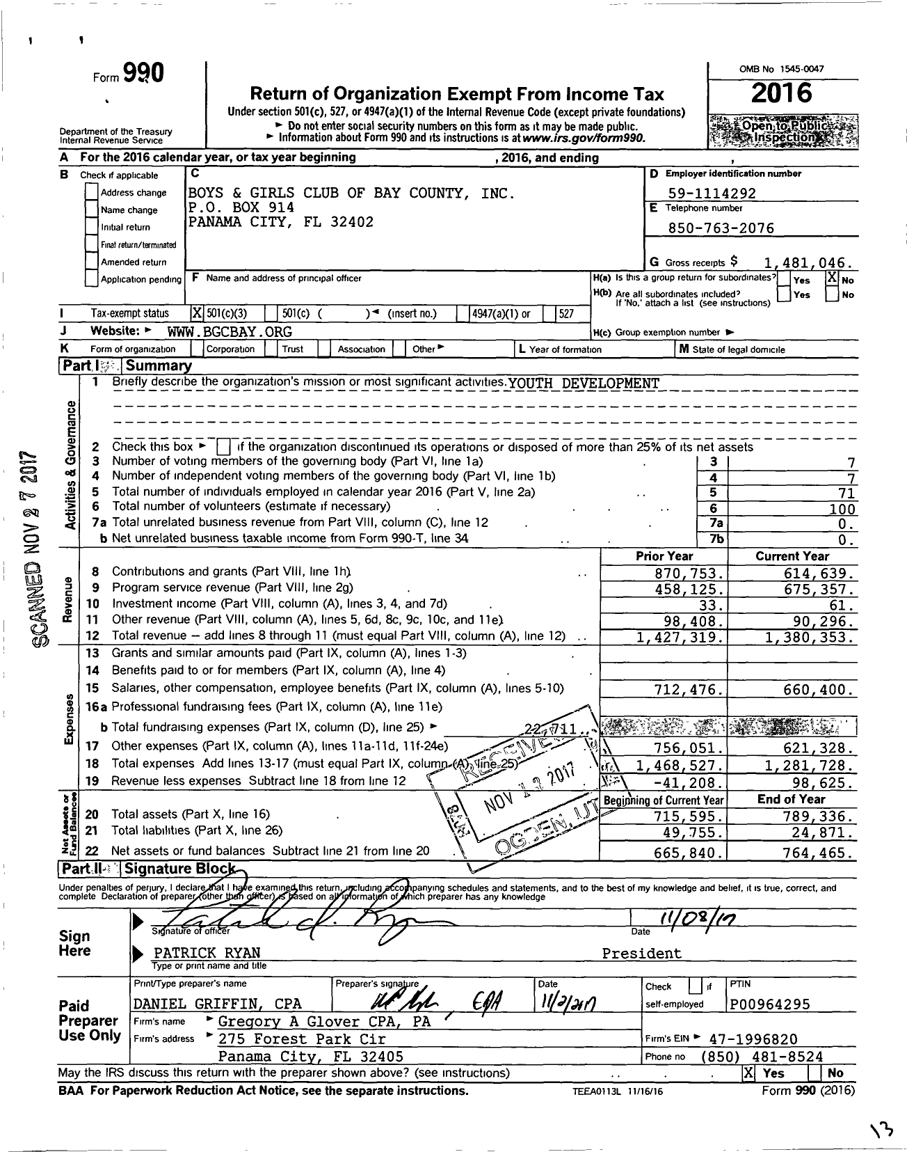 Image of first page of 2016 Form 990 for Boys and Girls Club of Bay County
