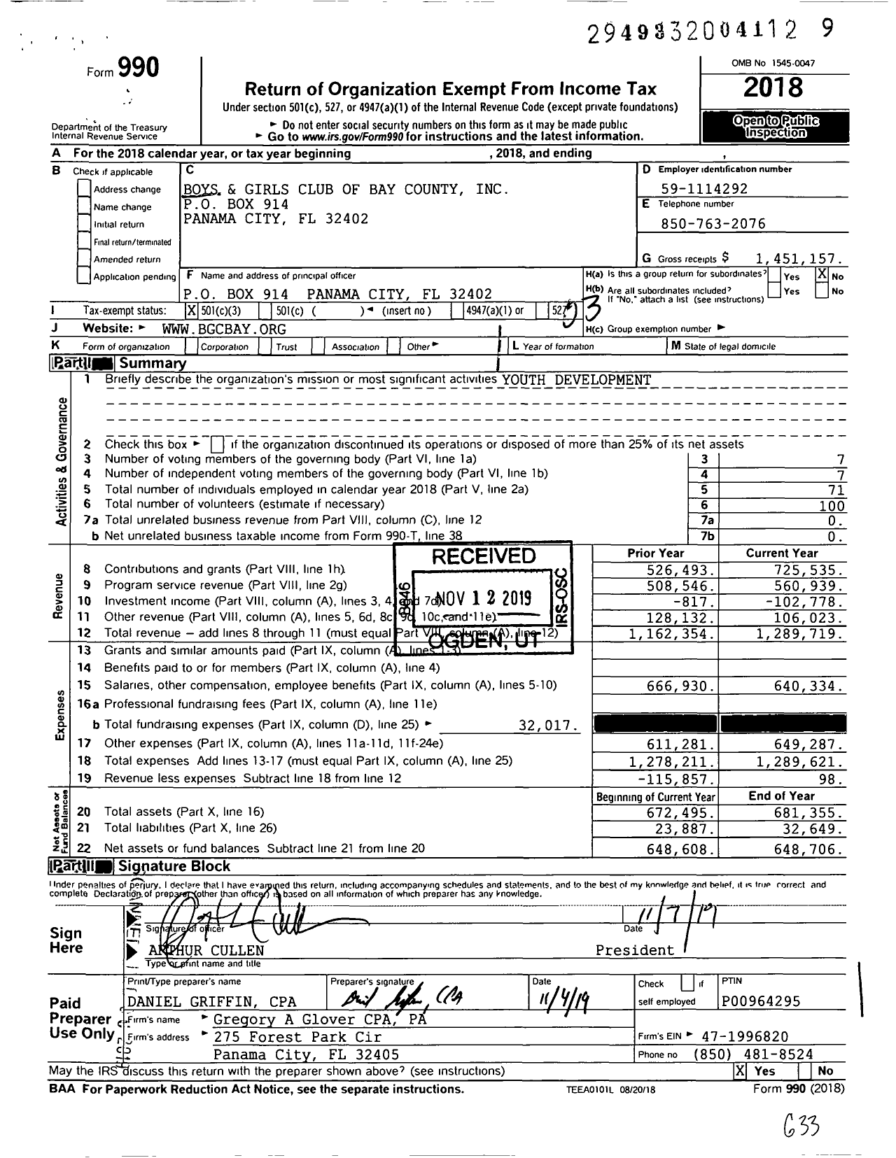 Image of first page of 2018 Form 990 for Boys and Girls Club of Bay County