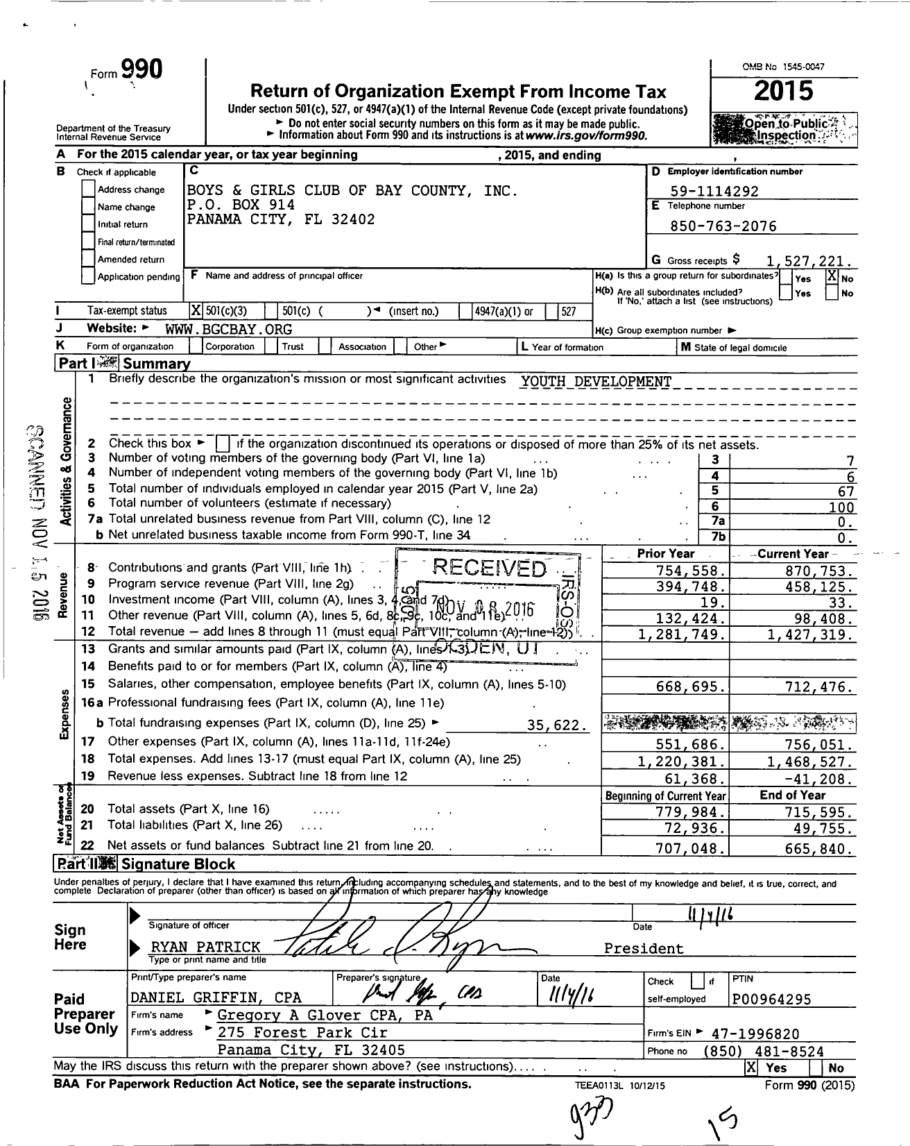 Image of first page of 2015 Form 990 for Boys and Girls Club of Bay County