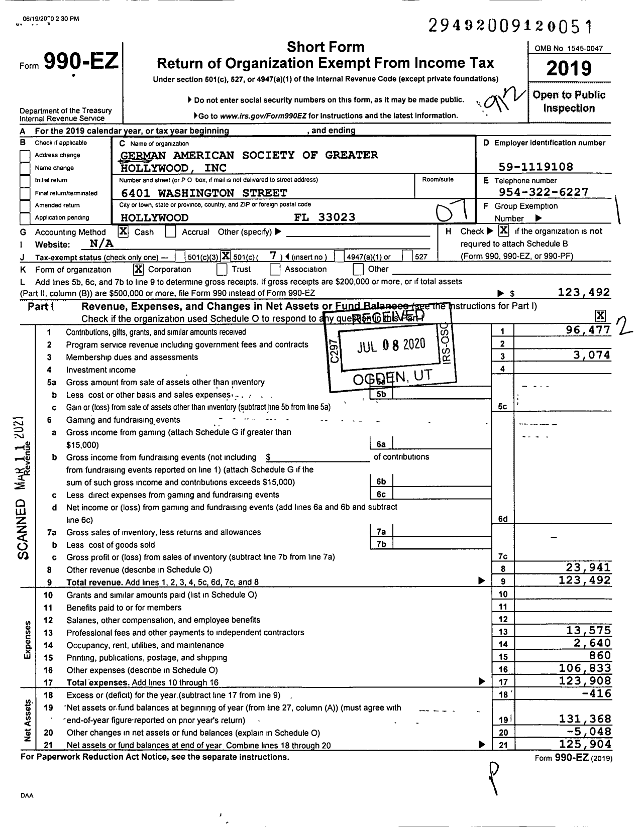 Image of first page of 2019 Form 990EO for German American Society GR Hollywood