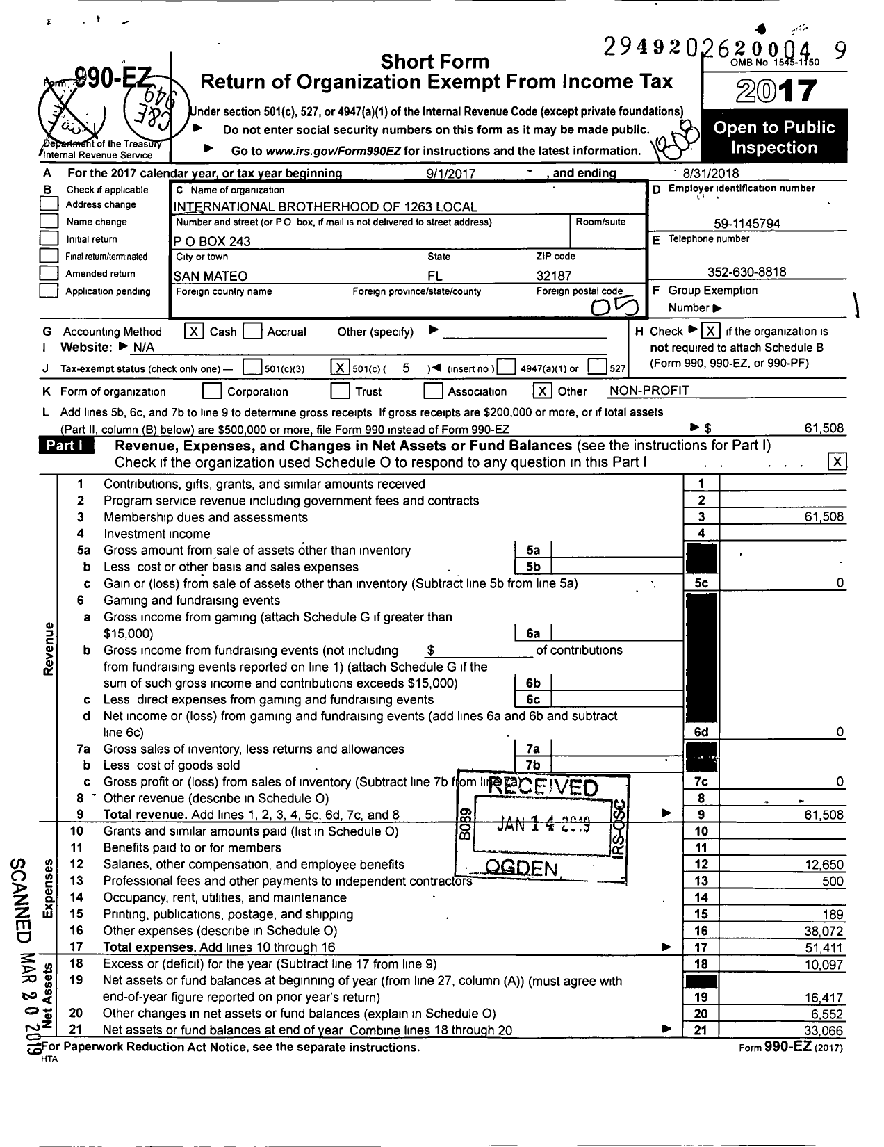 Image of first page of 2017 Form 990EO for International Brotherhood of Electrical Workers - 1263 Local Union