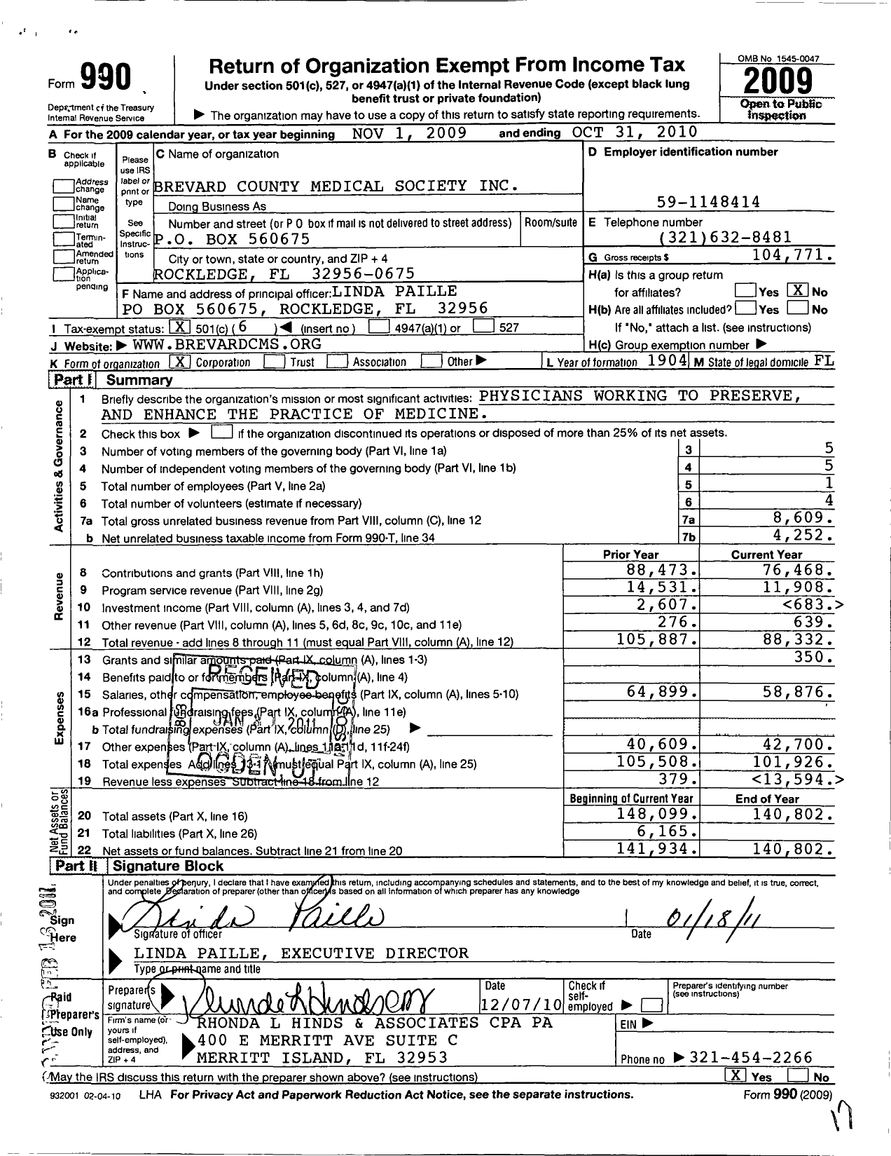 Image of first page of 2009 Form 990O for The Brevard County Medical Society