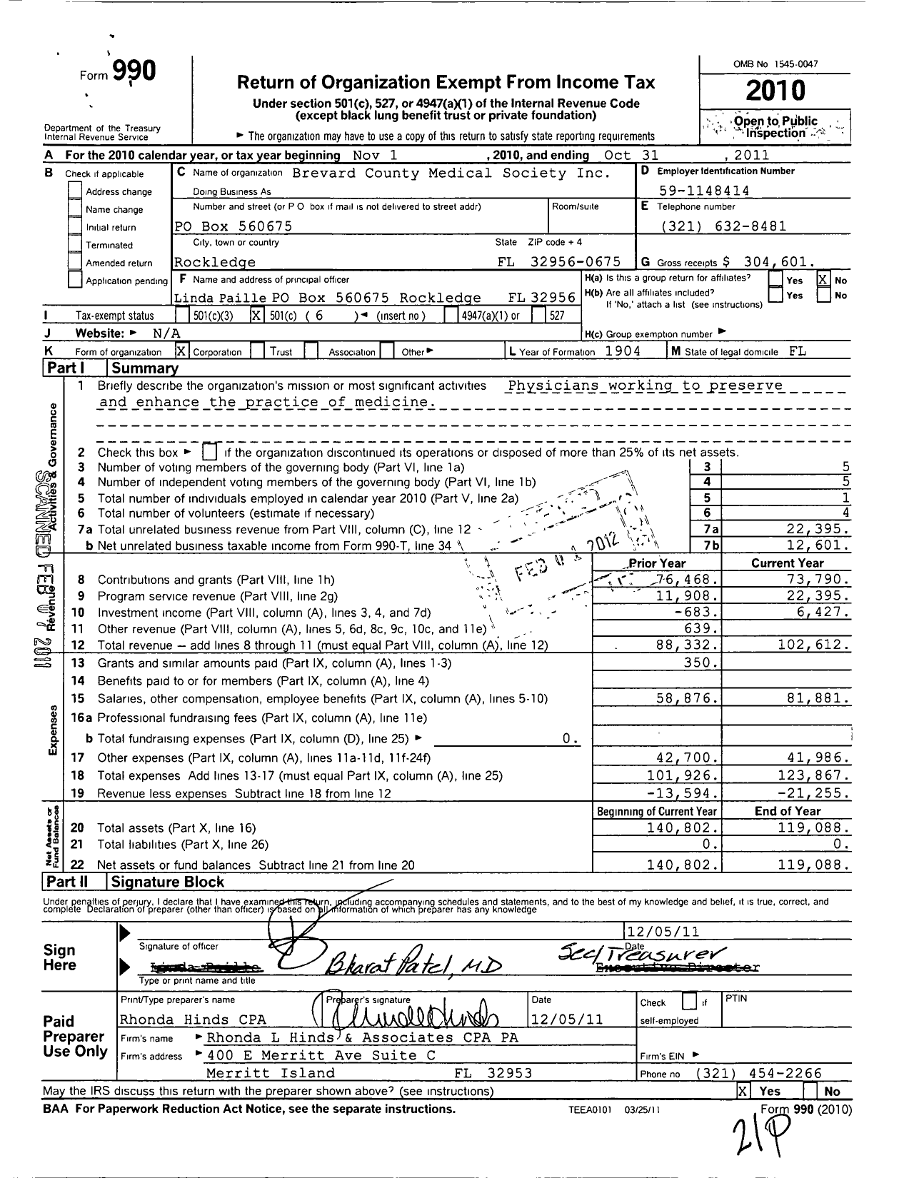 Image of first page of 2010 Form 990O for The Brevard County Medical Society