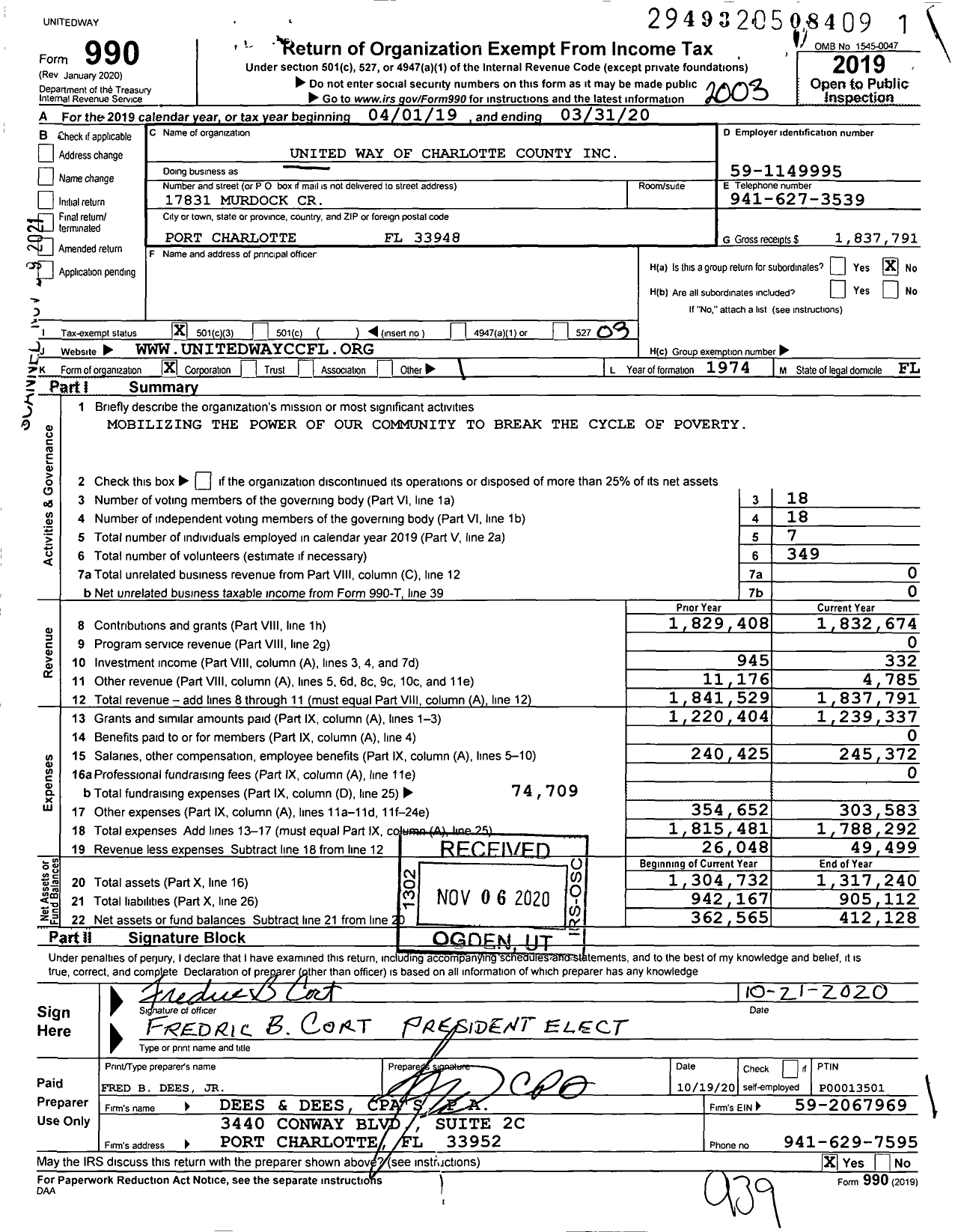 Image of first page of 2019 Form 990 for United Way of Charlotte County
